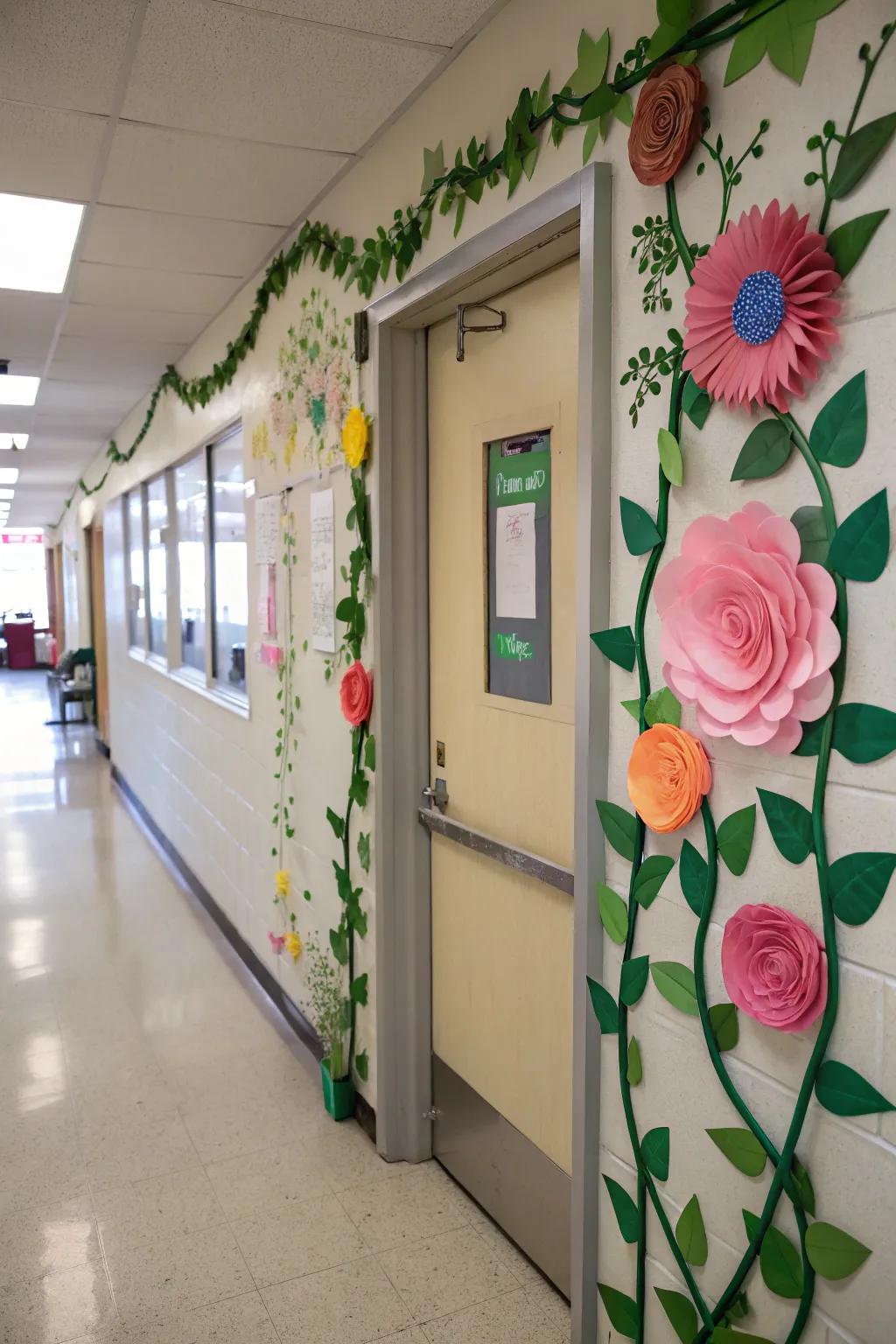 A classroom door embellished with paper blossoms and verdant tendrils, symbolizing adoration in bloom.