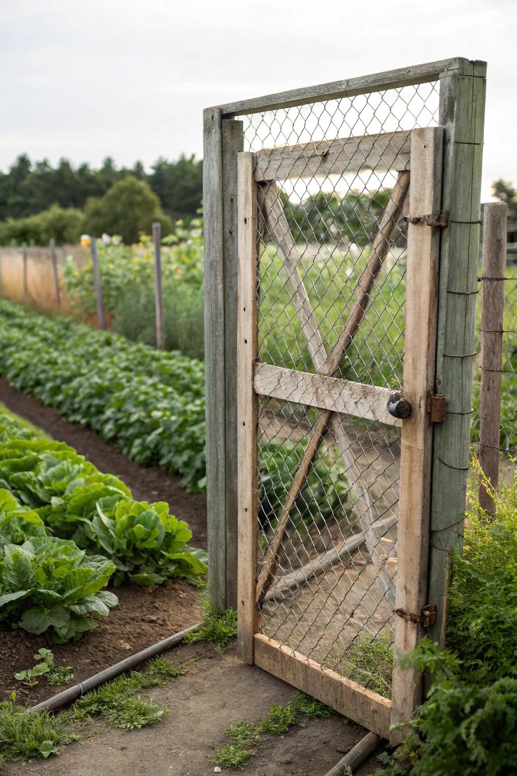 A contemporary garden gate featuring wire mesh for added protection.