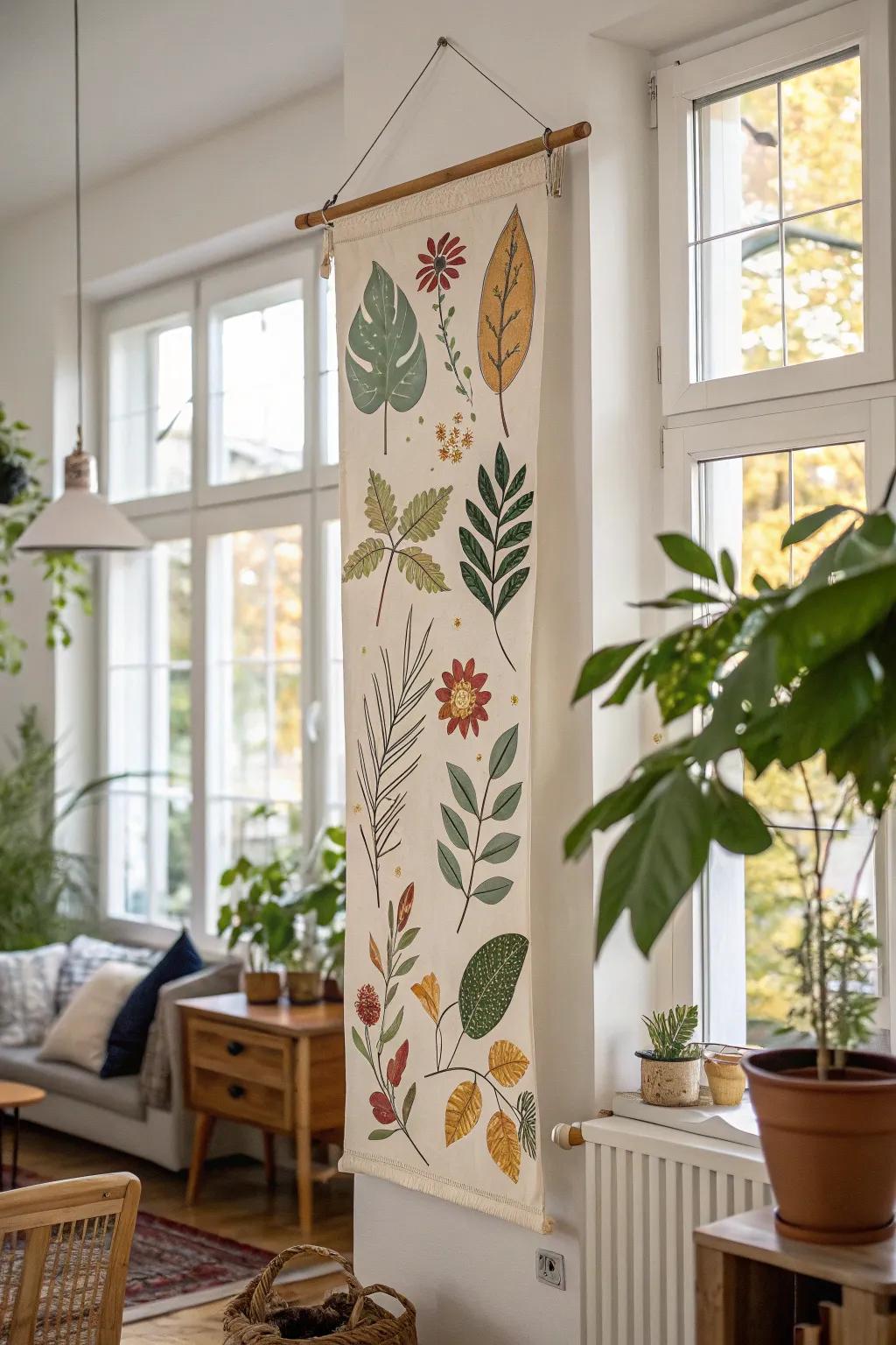 In the living room, nature-inspired patterns on a vertical banner help to create a calming atmosphere.