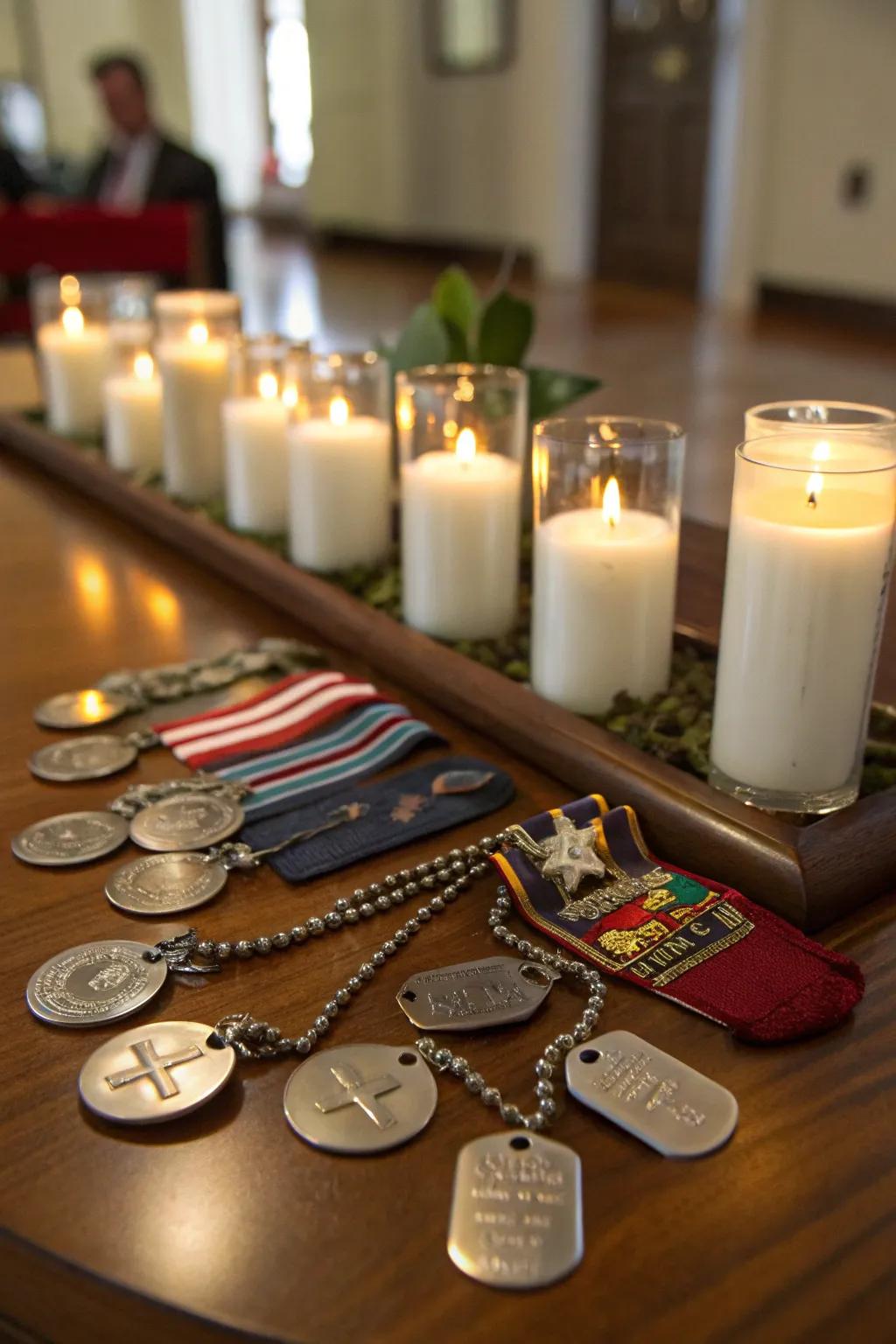 A centerpiece honoring veterans with military reminders.
