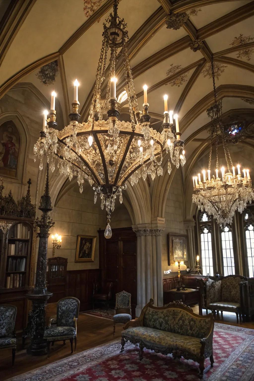 An imposing light fixture incorporates both illumination and theatricality to the space.