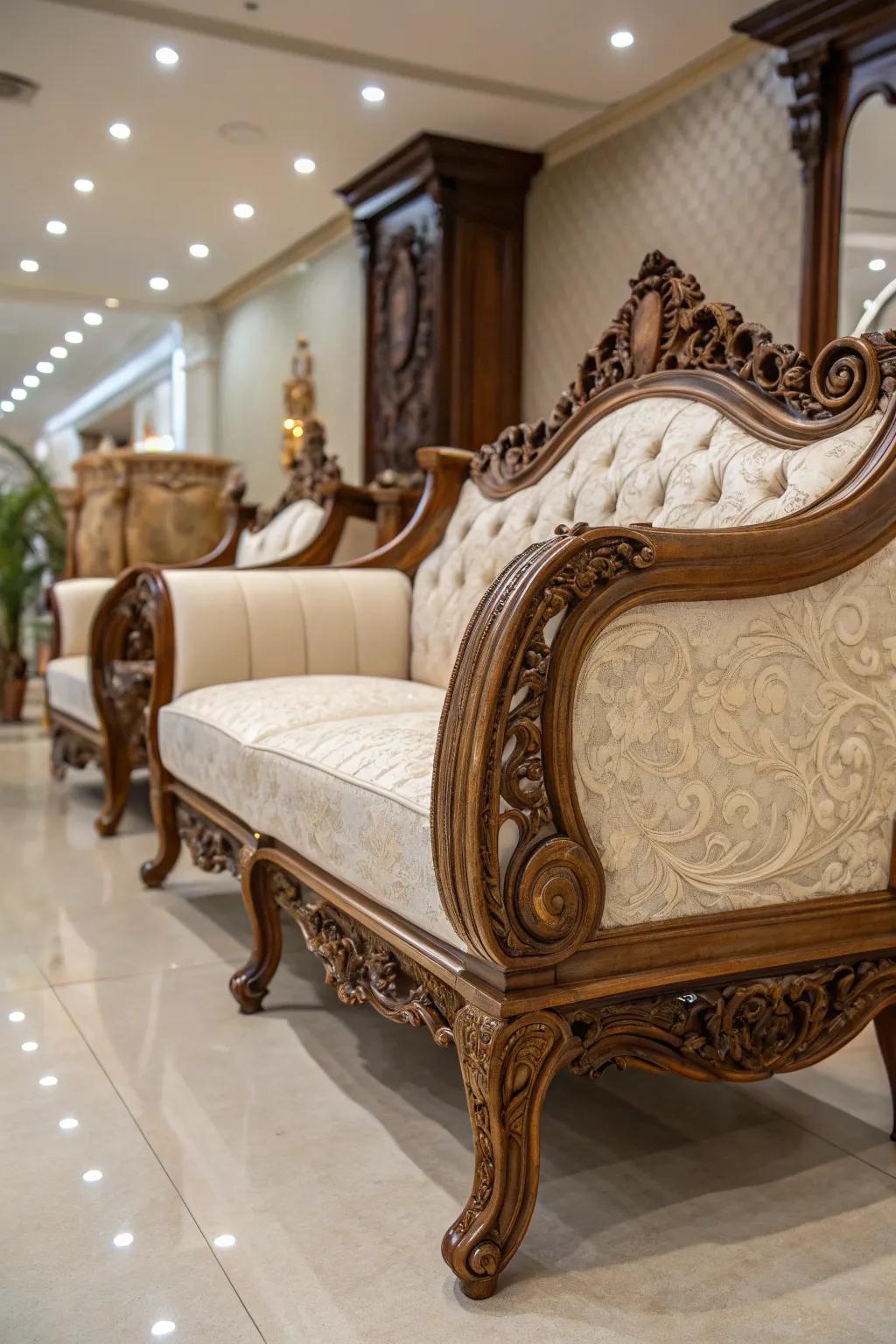 Ornate furniture featuring detailed carvings introduces an artistic touch to the setting.
