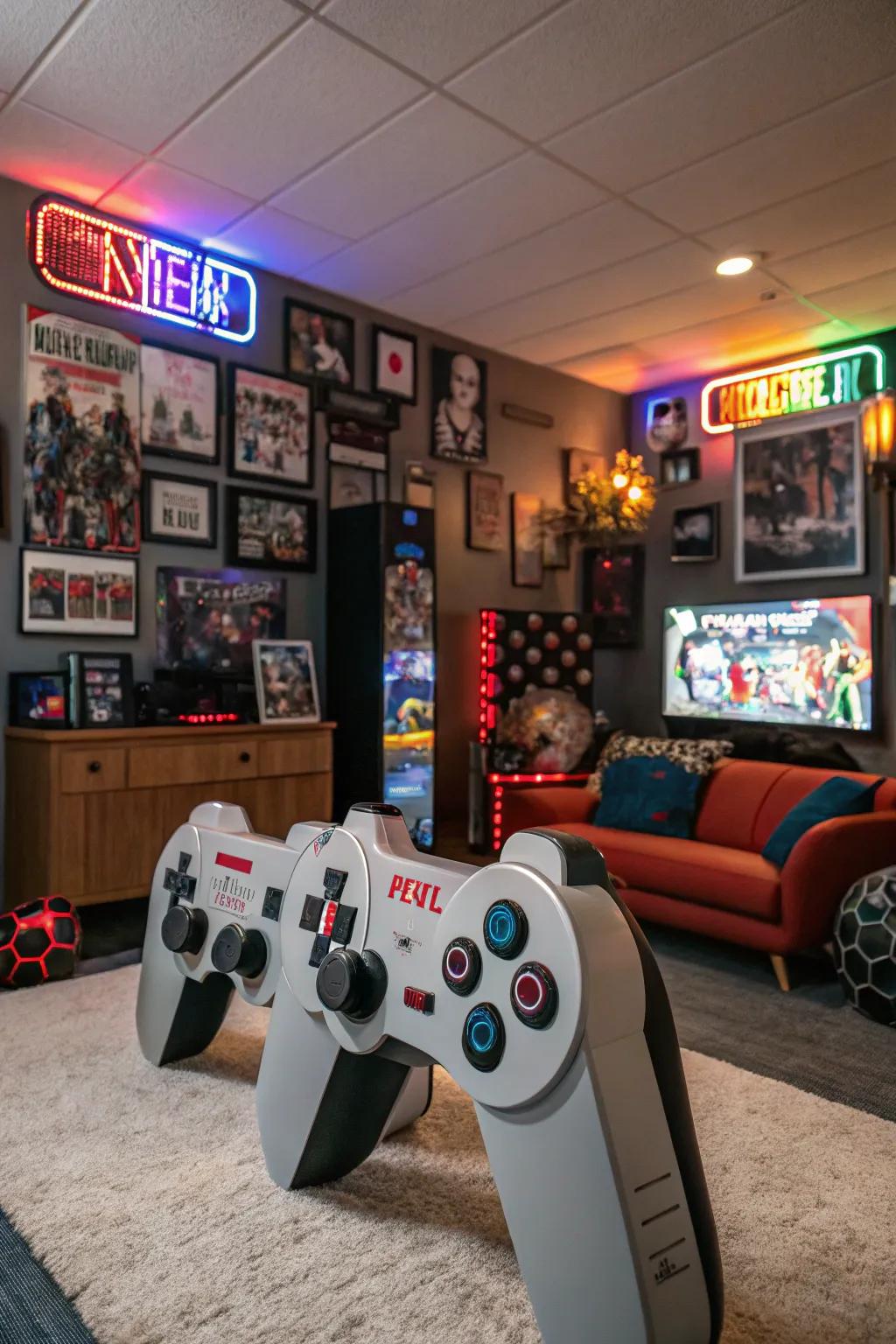 Oversized game controllers create a bold visual impact.