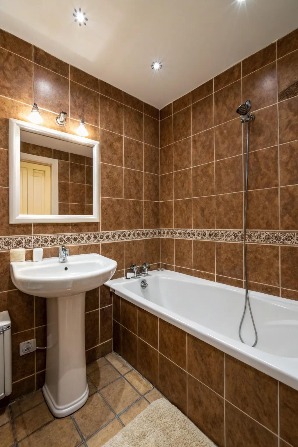 White elements beautifully contrast with brown tiles, establishing a classic appearance.