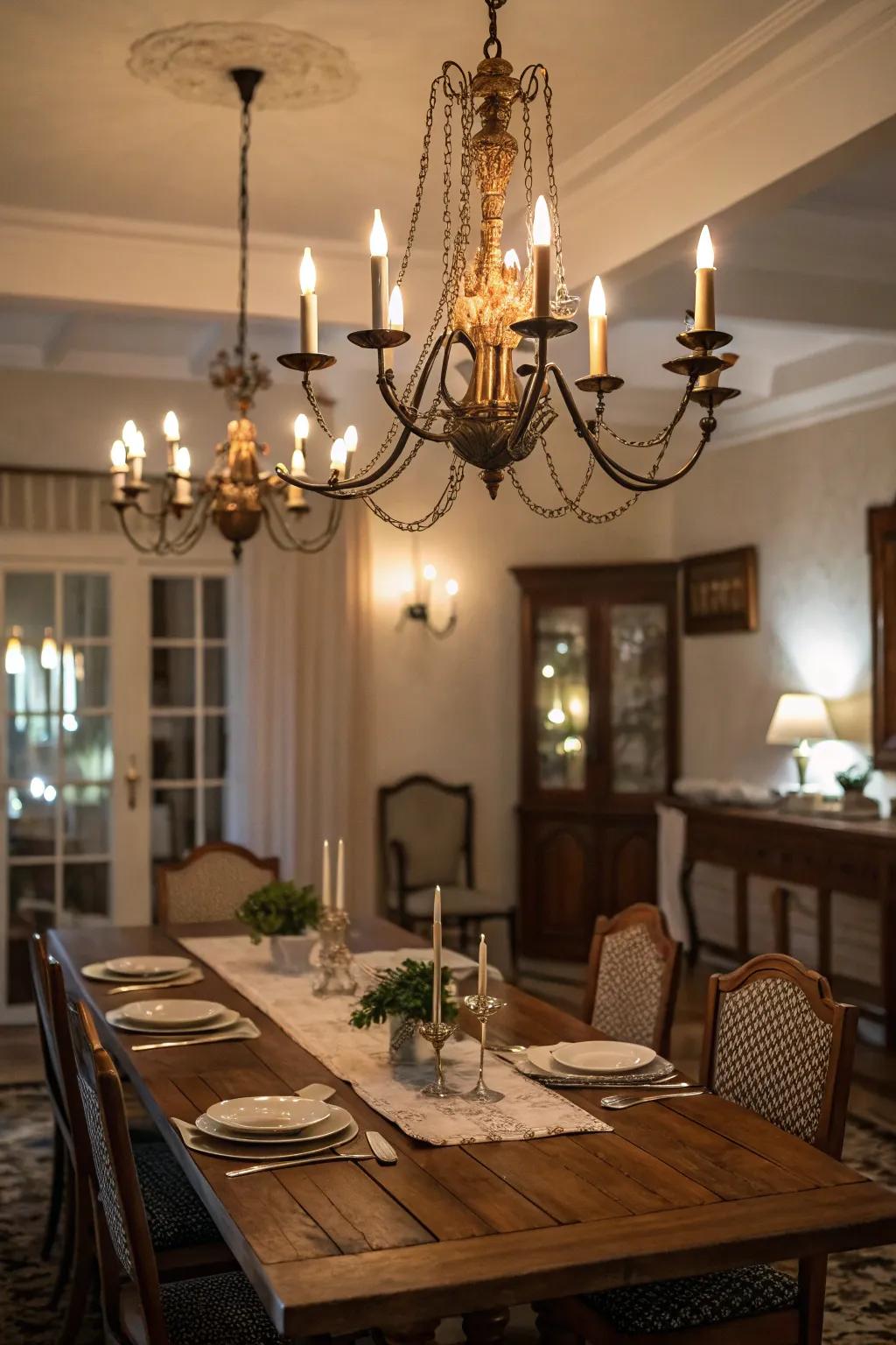 A vintage chandelier lends ageless glamour to the dining area.