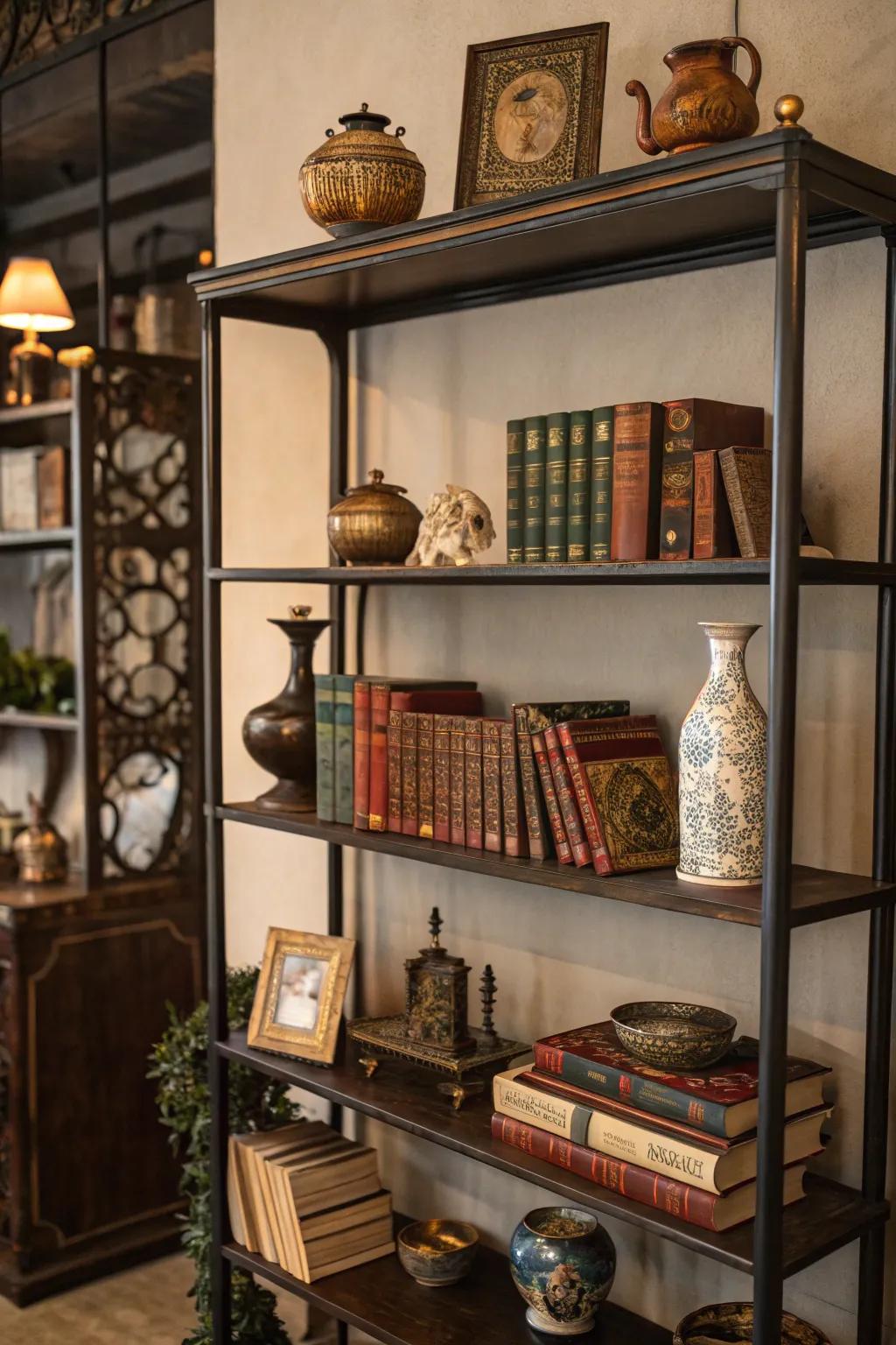 Traditional-inspired shelving showcasing prized retro collectibles.