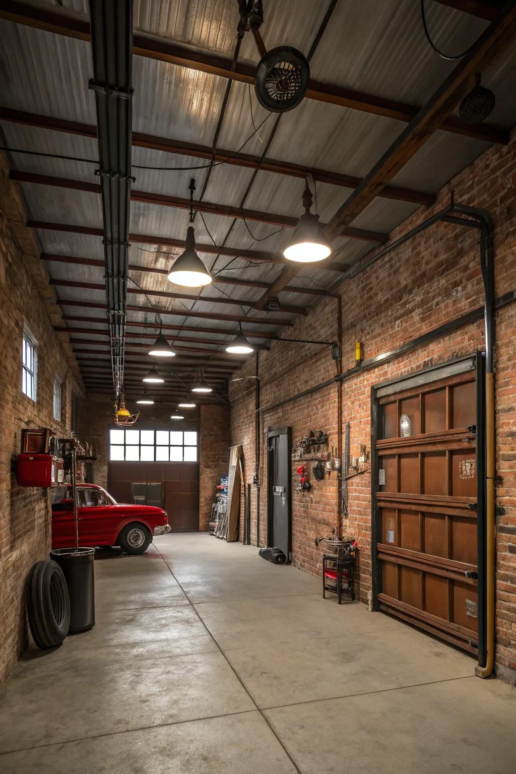 Industrial decor imbues a vintage garage with a robust, enduring charm.