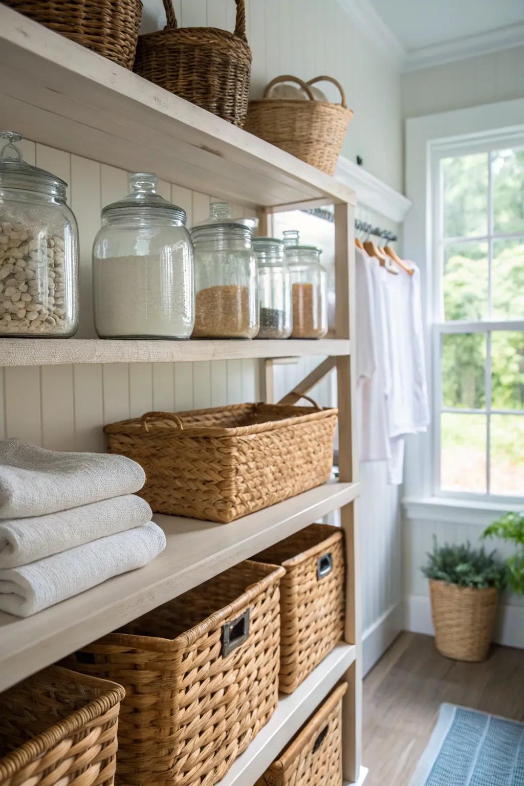 Exposed shelves presenting a variety of classic containers and baskets.