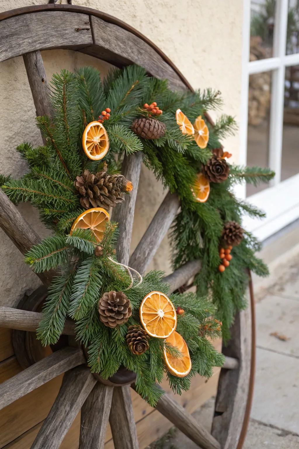 A cartwheel adorned with cedar and dehydrated citrus slices, crafting a festive holiday wreath.