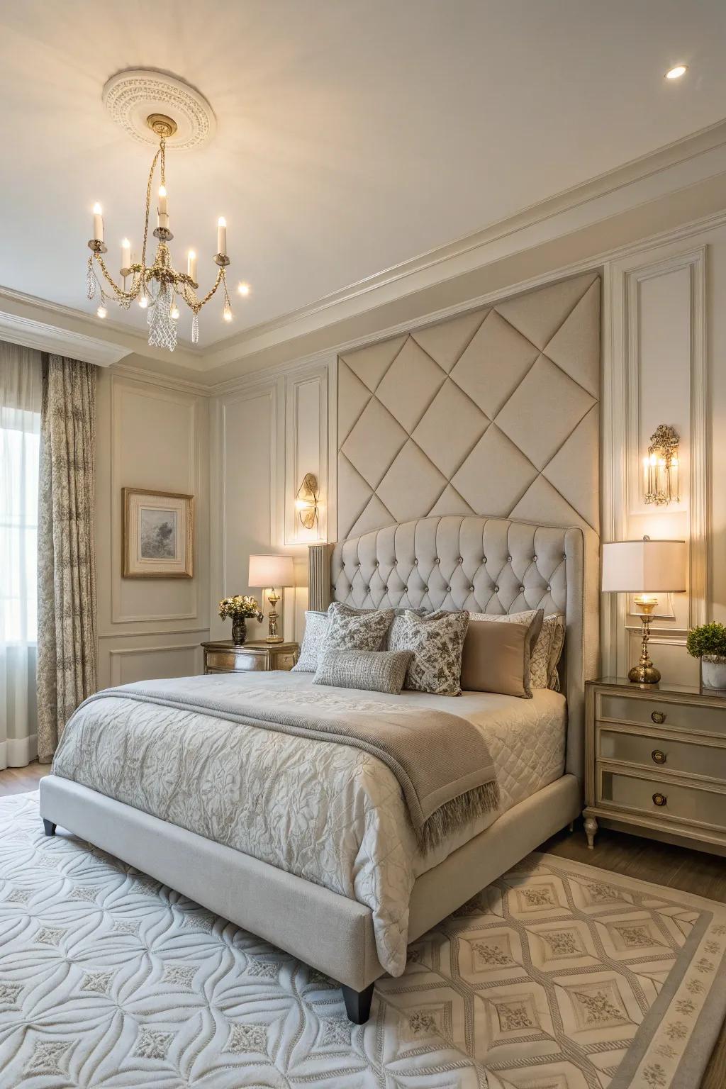 A feature wall showcasing paneling has the power to transform your bedroom into an extravagant getaway.