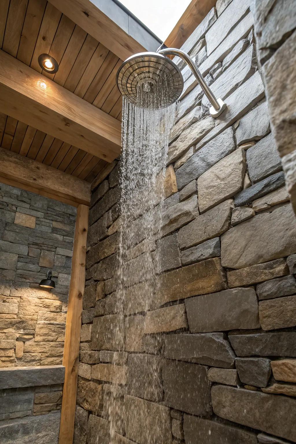 Cascade showerhead in a rock-walled shower.