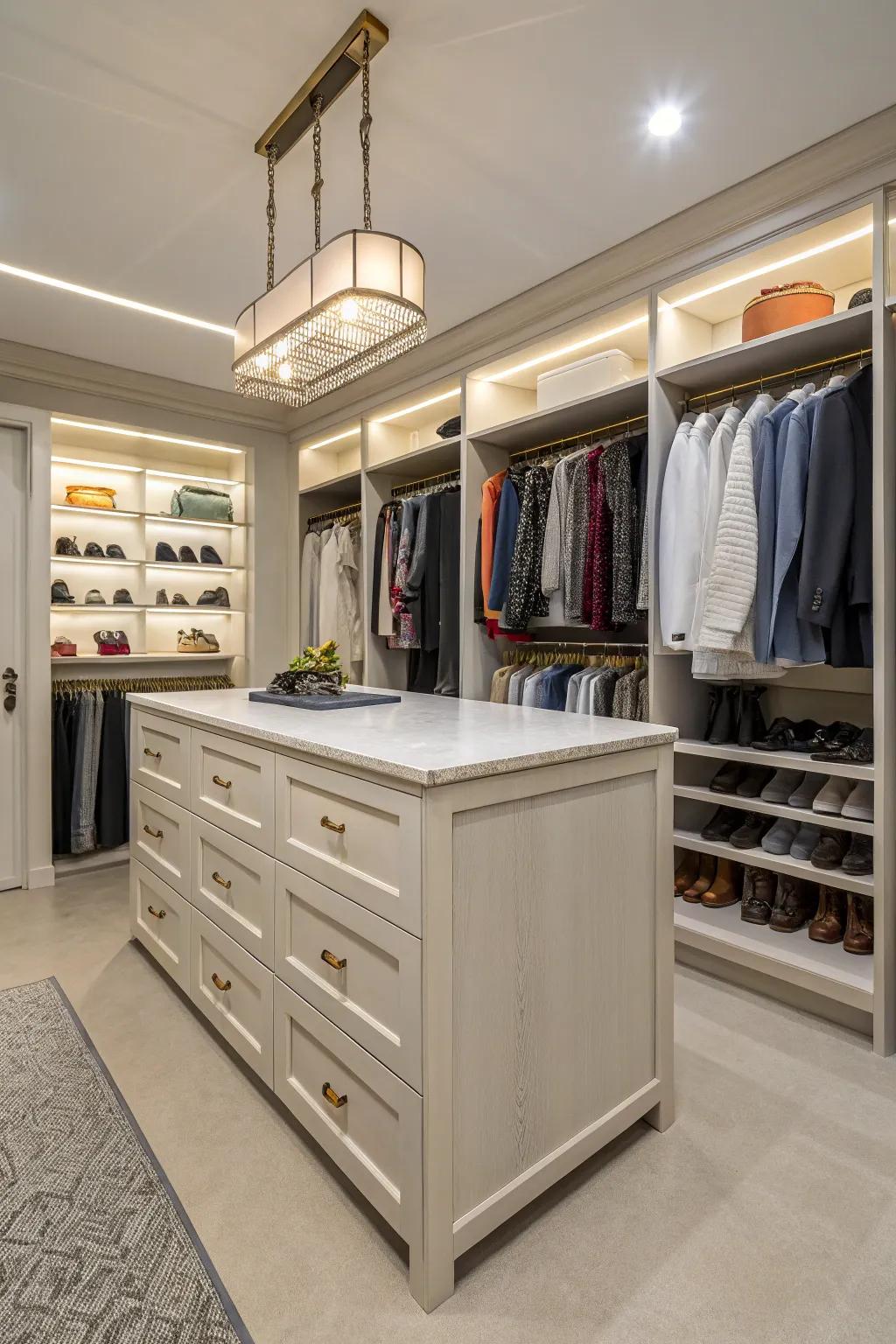 An island in the center with drawers adds style and practical use.