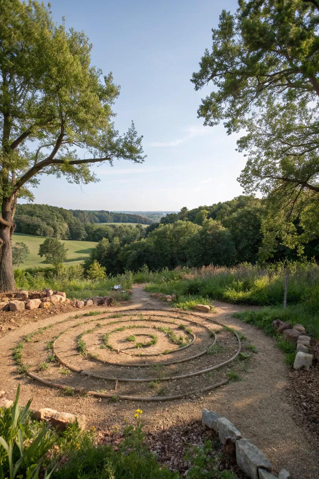 A bark course labyrinth delivers a rustic and earthy strolling encounter.