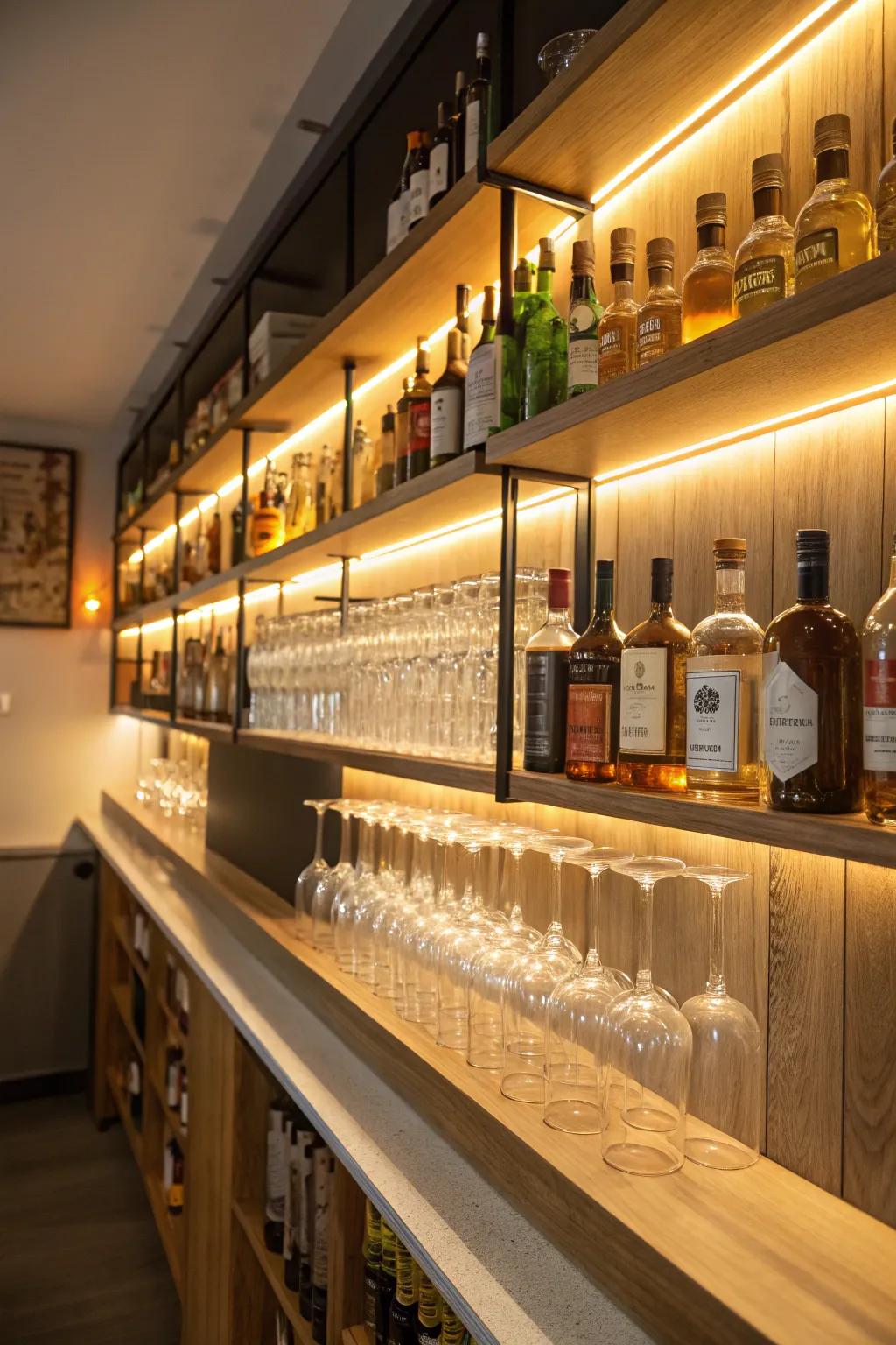 Under-shelf illumination fashions an enthralling and inviting ambiance in your bar zone.
