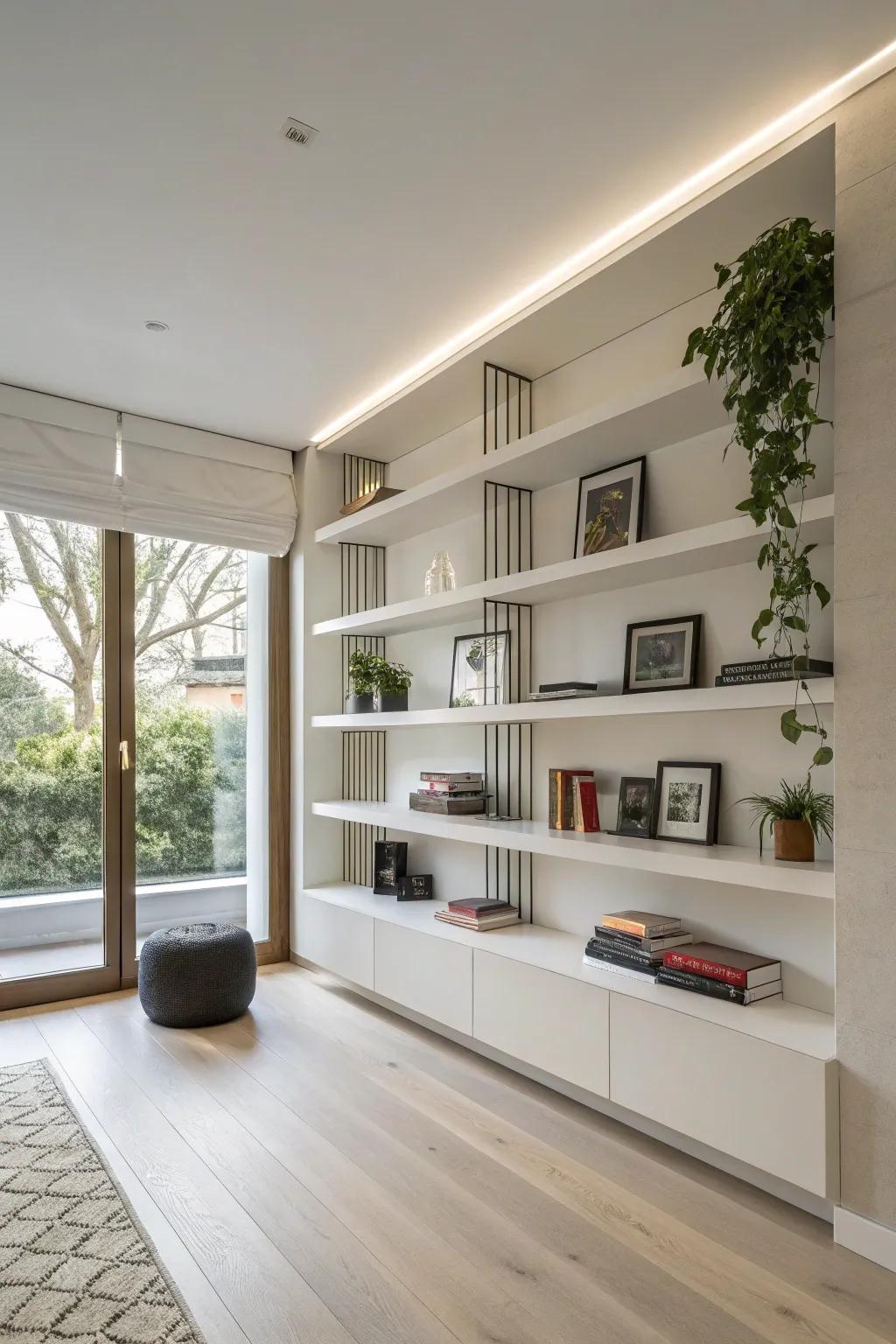 Suspended shelves present a streamlined and spacious aesthetic for modern spaces.