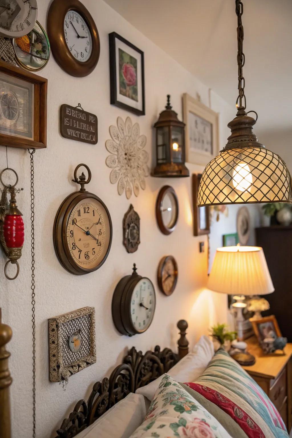 An assortment of unique ornaments inject charm and character into the bedroom wall.