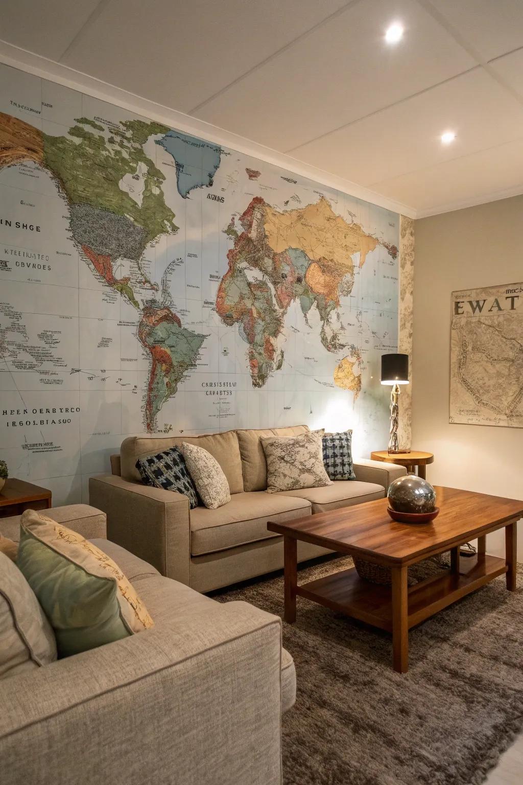Map out your next journey with a captivating world map mural.