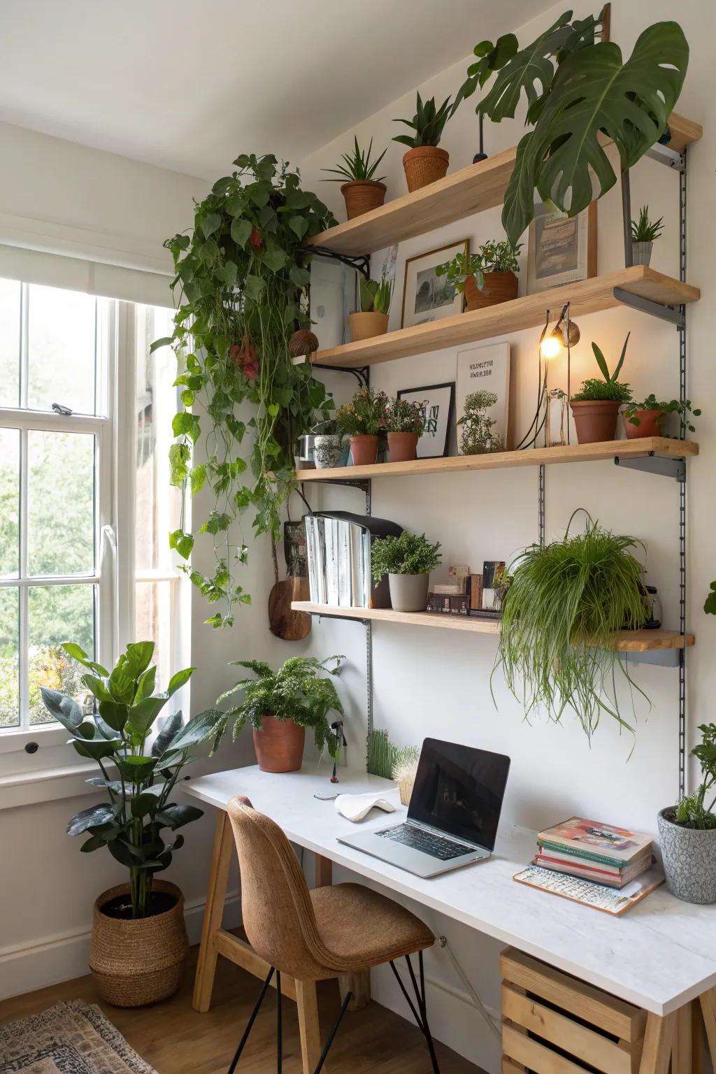 Shelving units affixed to walls are ideally suited for showcasing your assortment of flora.