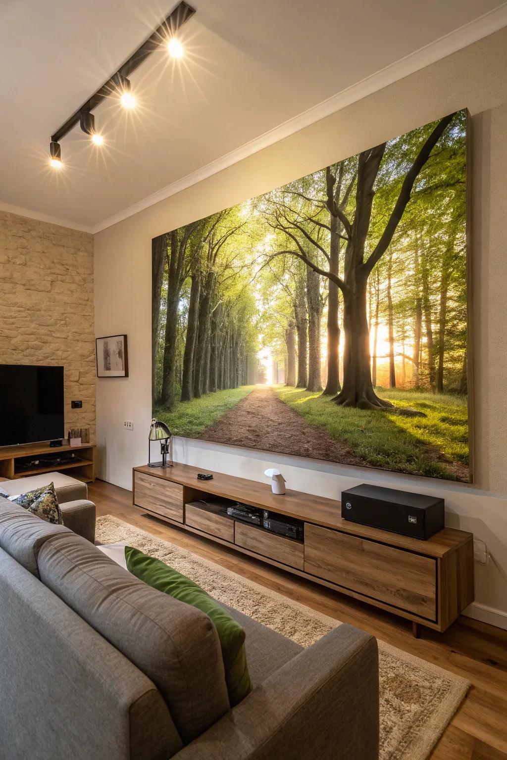 Scenic nature visuals impart serenity indoors.