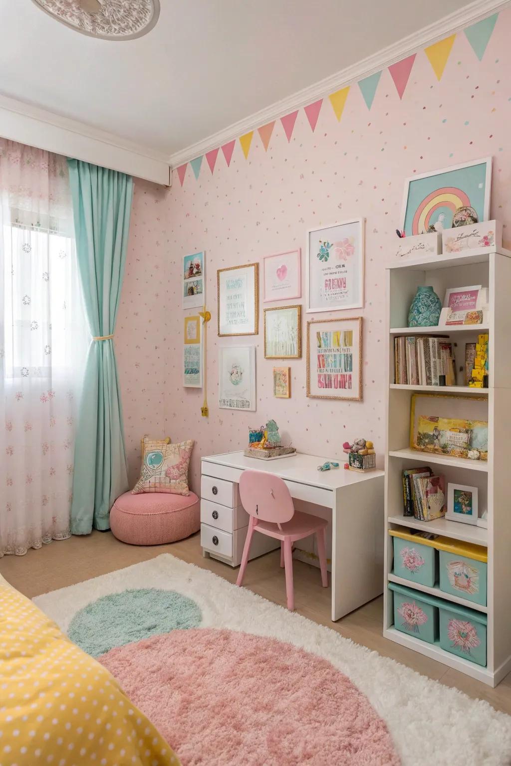 Soft tones fashion a soothing and enticing ambiance within a girl's bedroom.