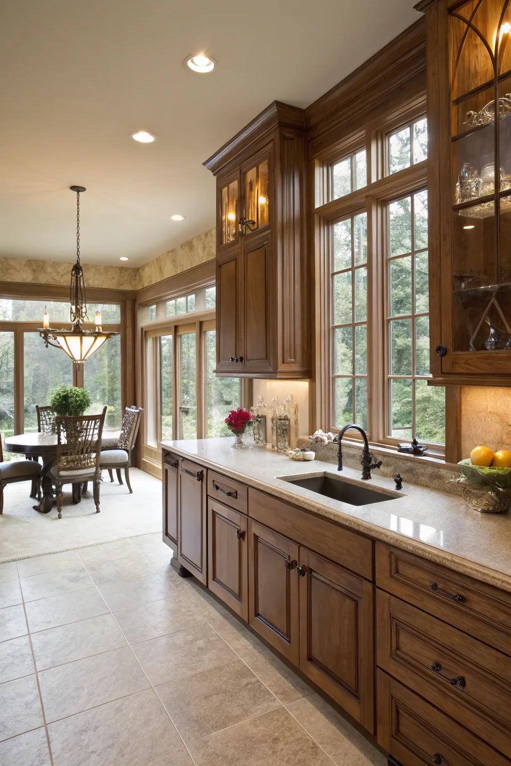 Sunlight highlights the inviting hues of walnut units.