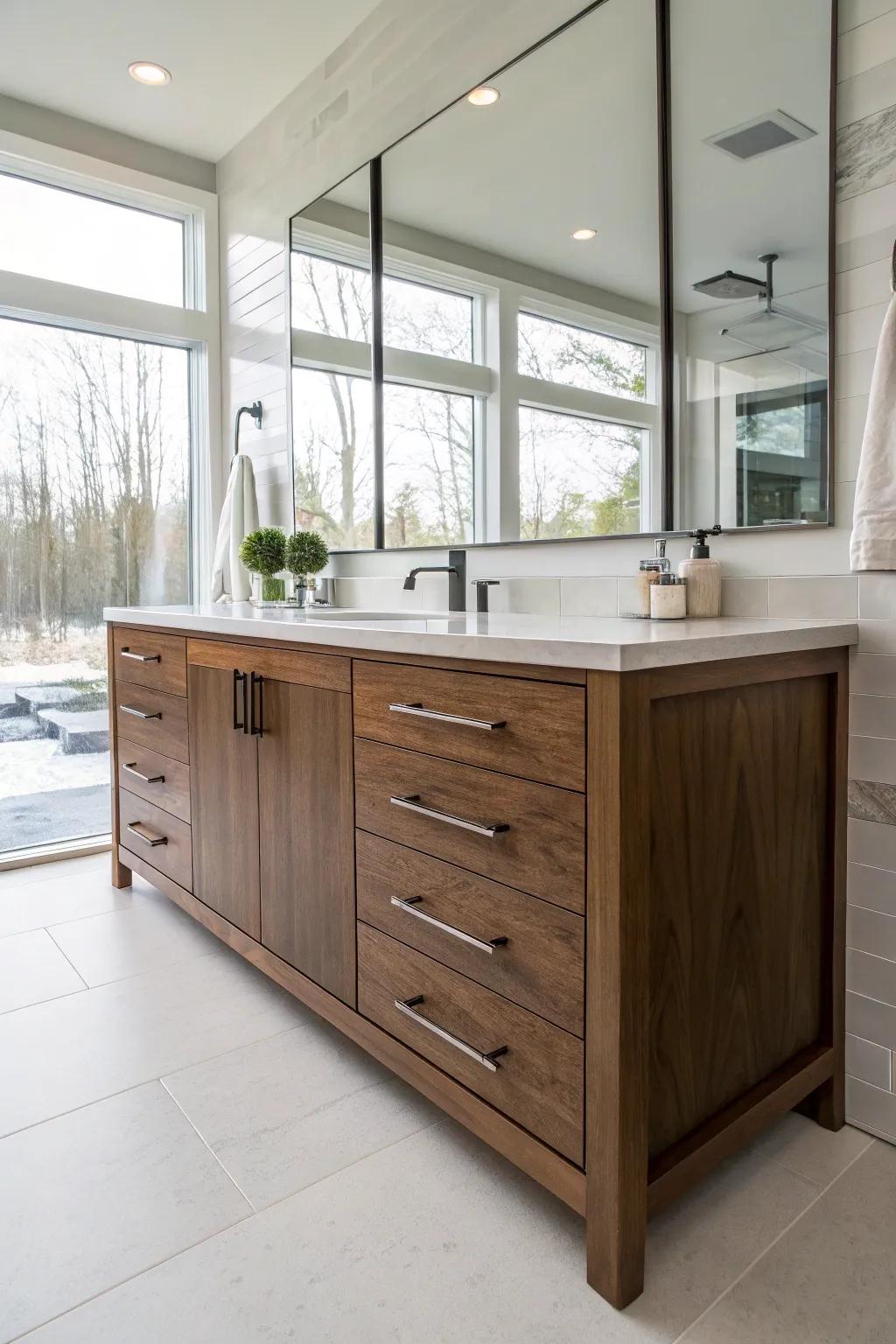 Maintain a spotless bathroom by incorporating clever storage options.