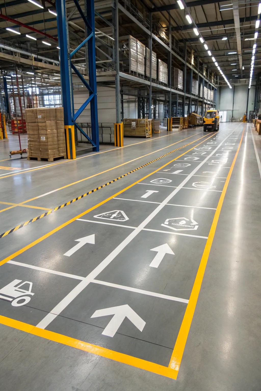 An organized space design, complete with designated paths, enhances operational efficiency in the warehouse.