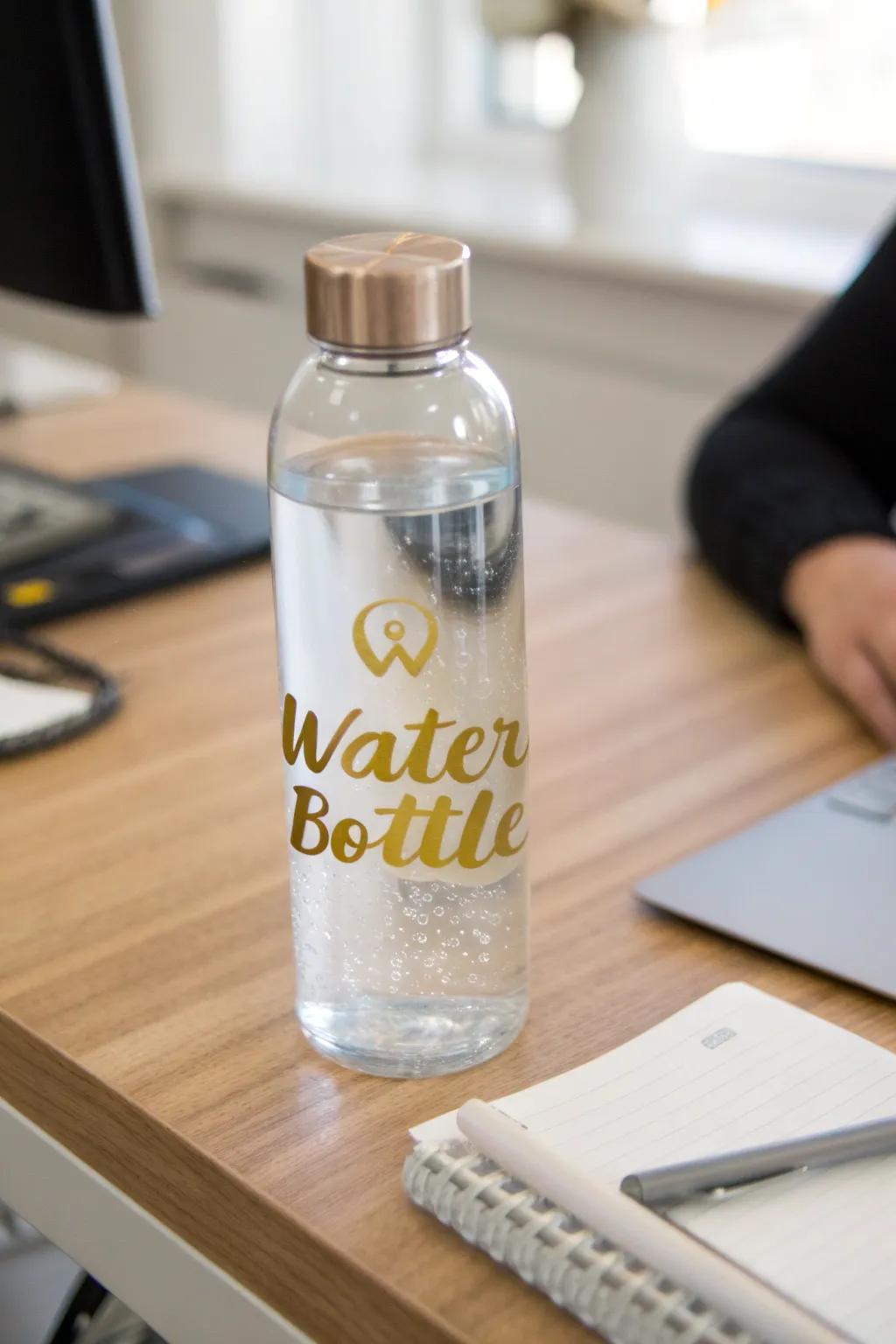 A customized drinking bottle displaying golden vinyl lettering.