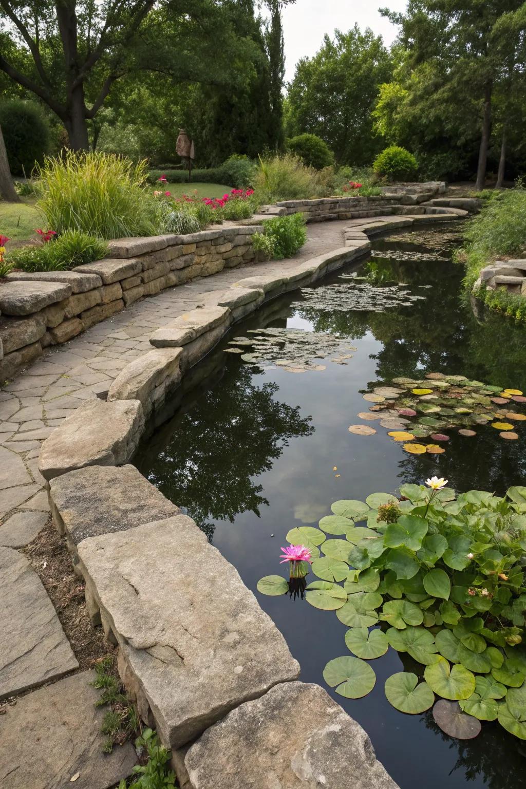 Natural stones establish a seamless, organic water garden.
