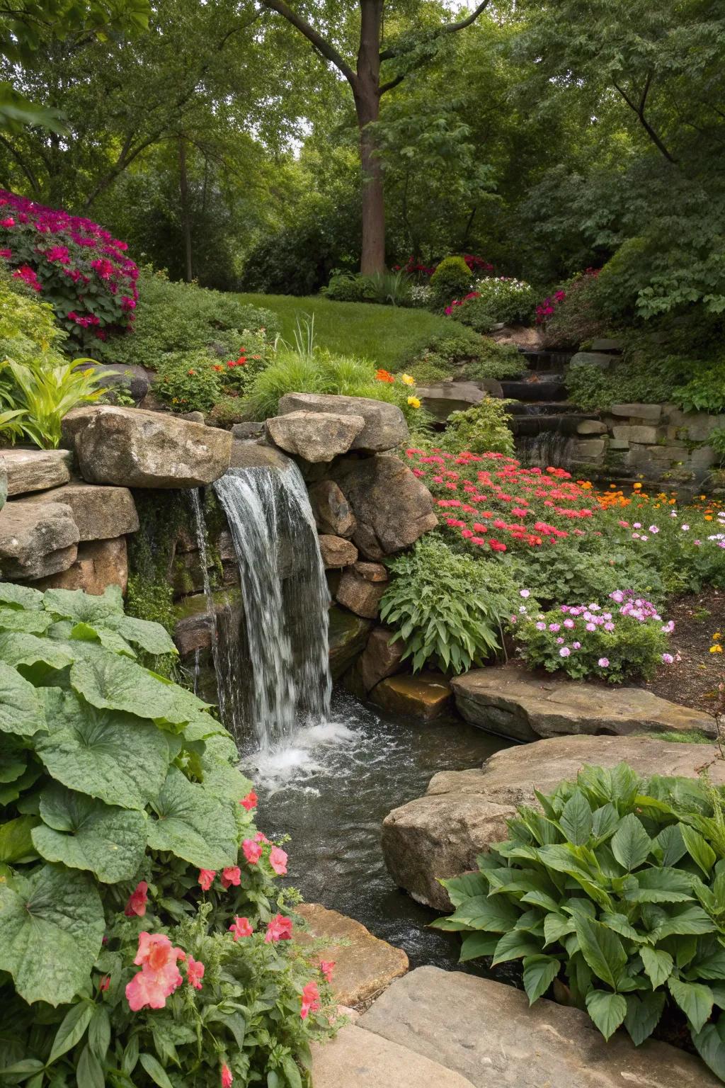 A harmonious mix of stones, plants, and blossoms envelopes a garden waterfall.