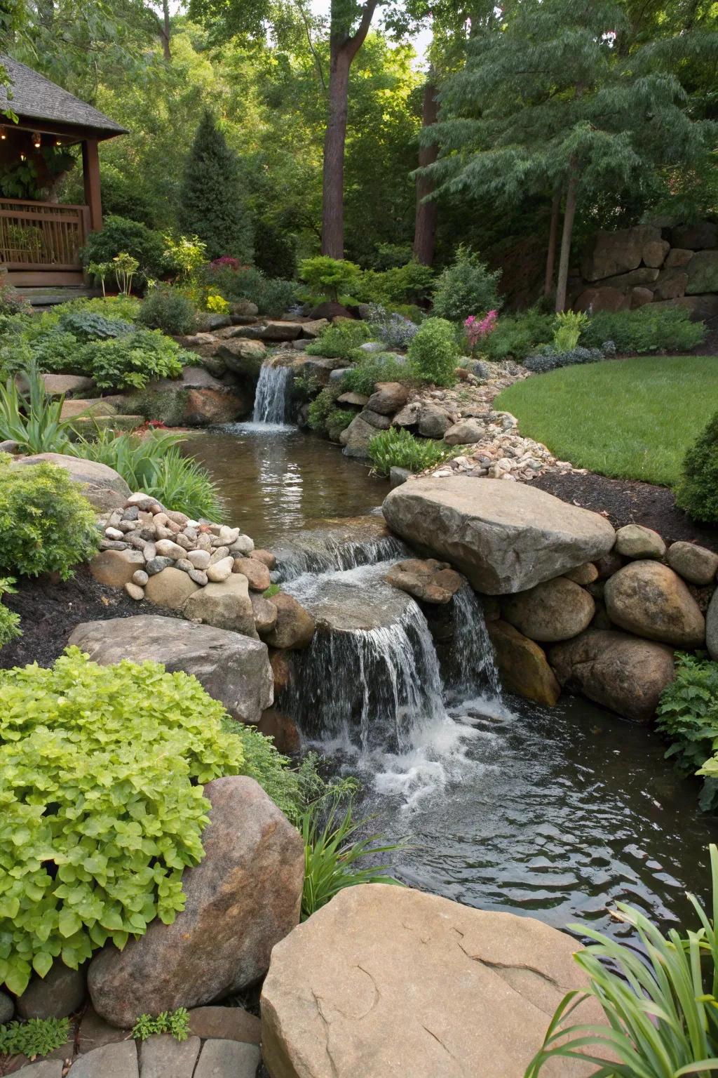 A backyard stream featuring a waterfall introduces dynamic motion to the landscape.