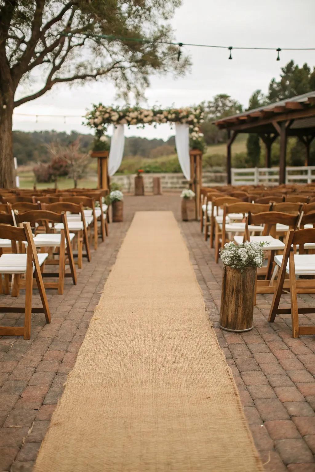 A countrified jute runner adds an enchanting element to any outdoor aisle.