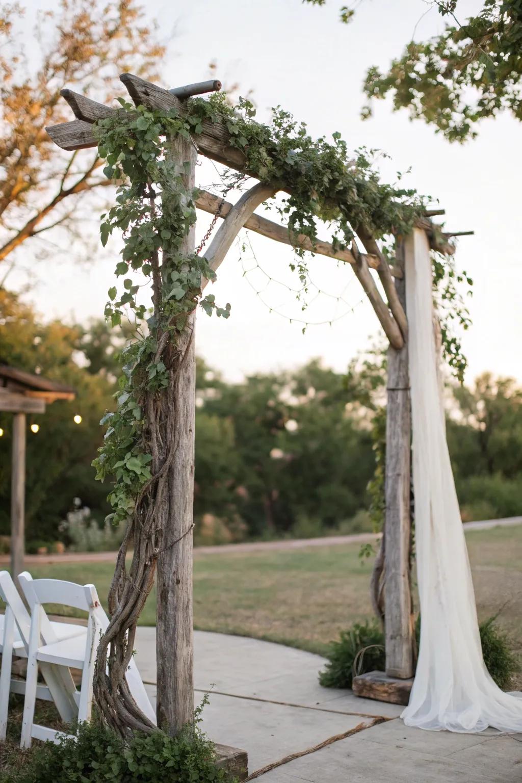 An endearing wooden arch that brings rustic charm to your ceremony.