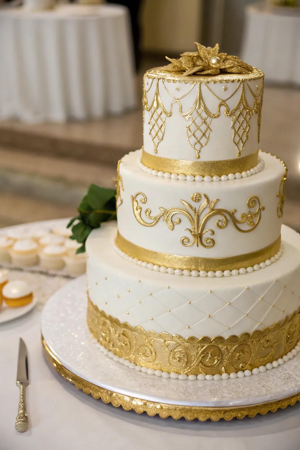 A wedding cake featuring gold shiny highlights for additional class.