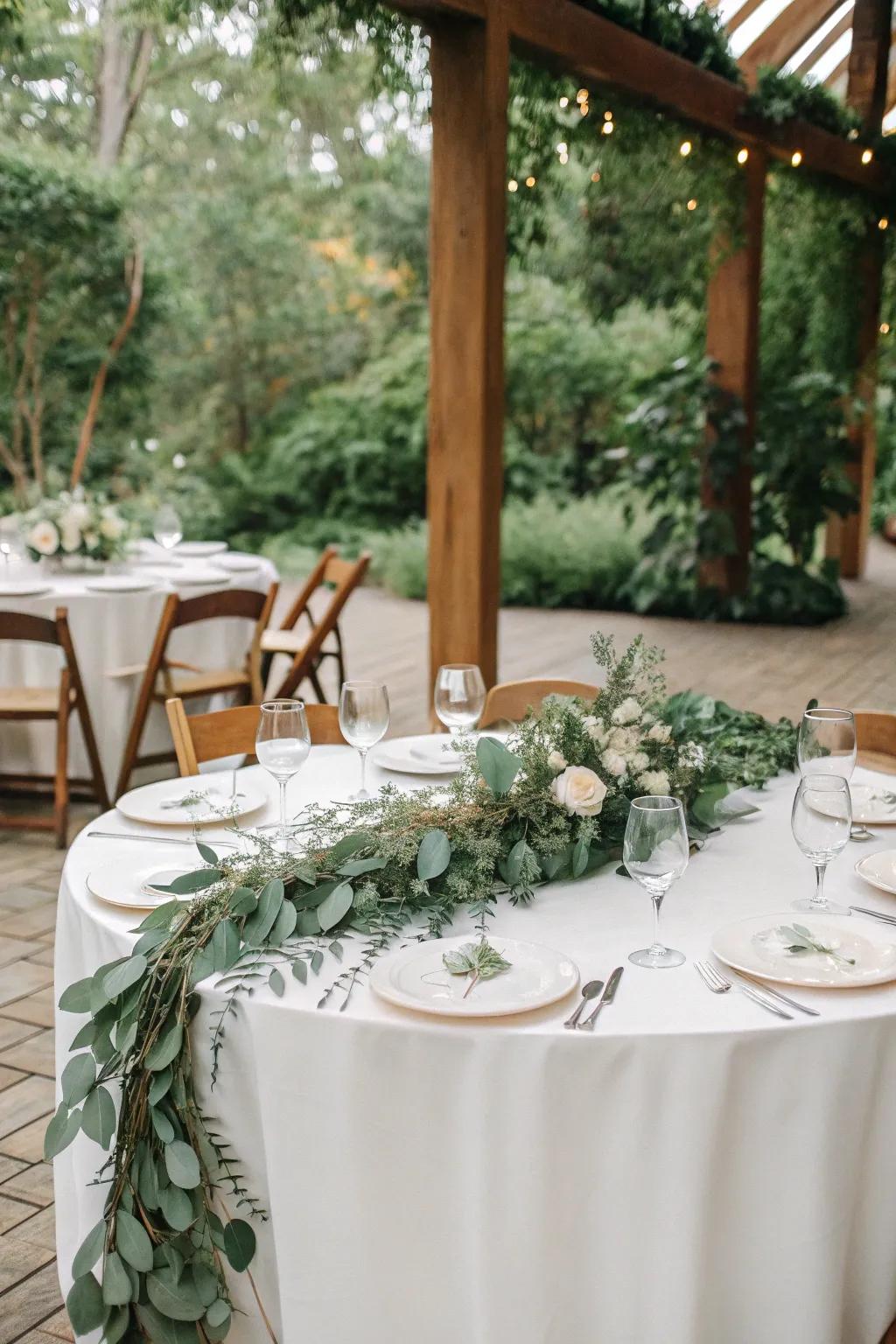 A fresh eucalyptus garland brings natural grace to your table layout.