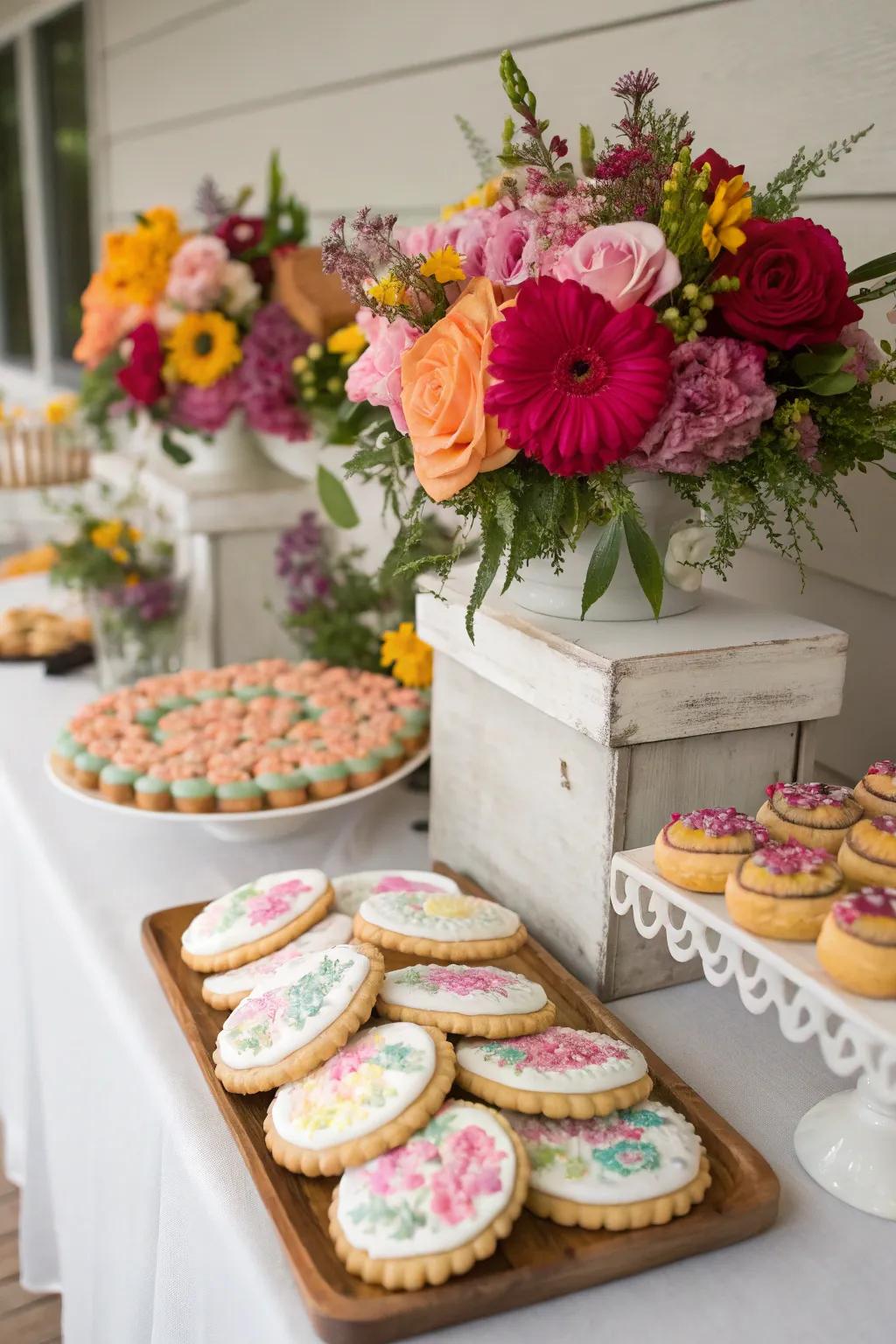 Floral arrangements add a romantic touch to a wedding cookie table.