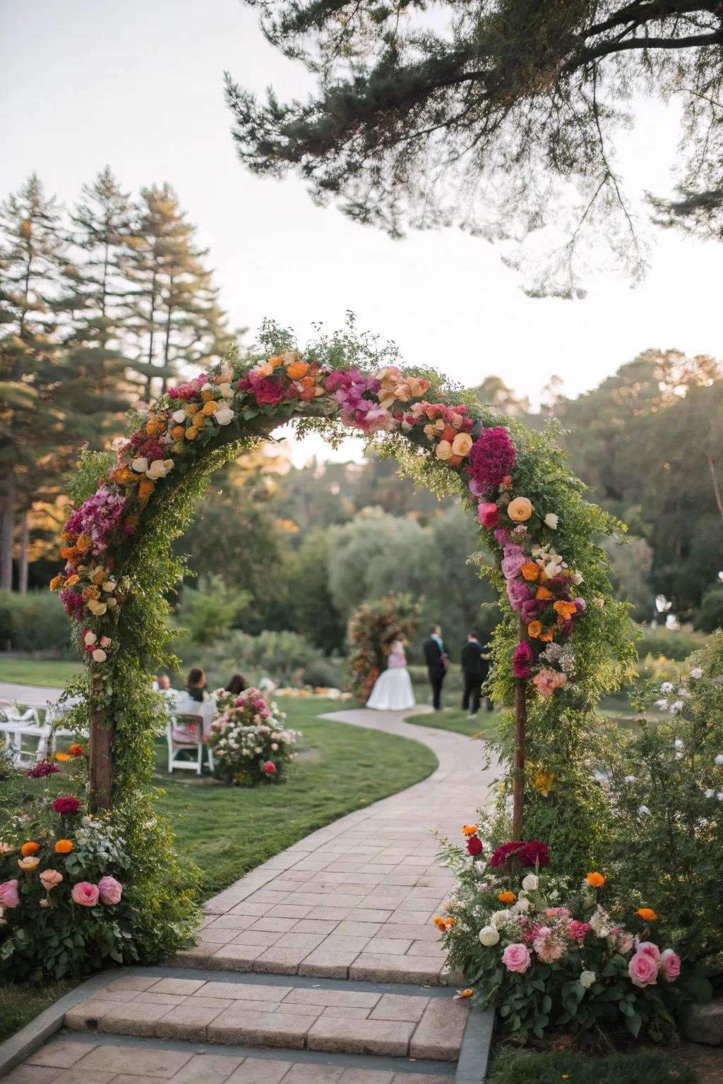 A delightful floral arch placed outdoors, providing a magnificent backdrop for the ceremony.