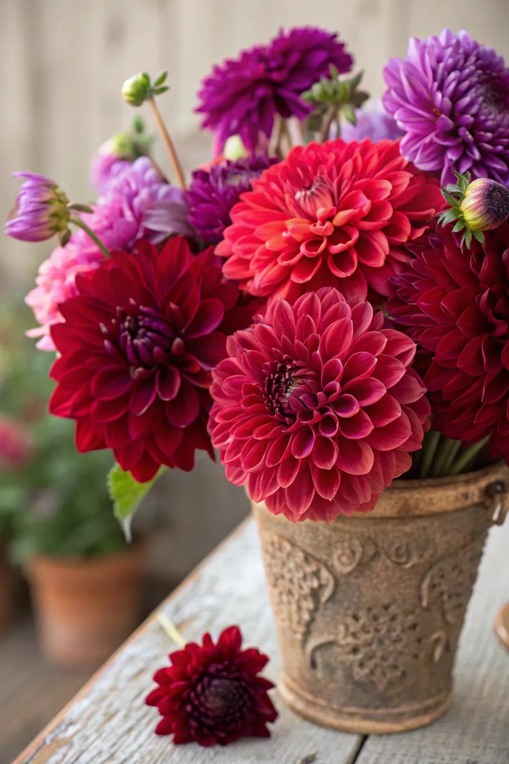 A striking dahlia bouquet showcasing deep autumnal shades.