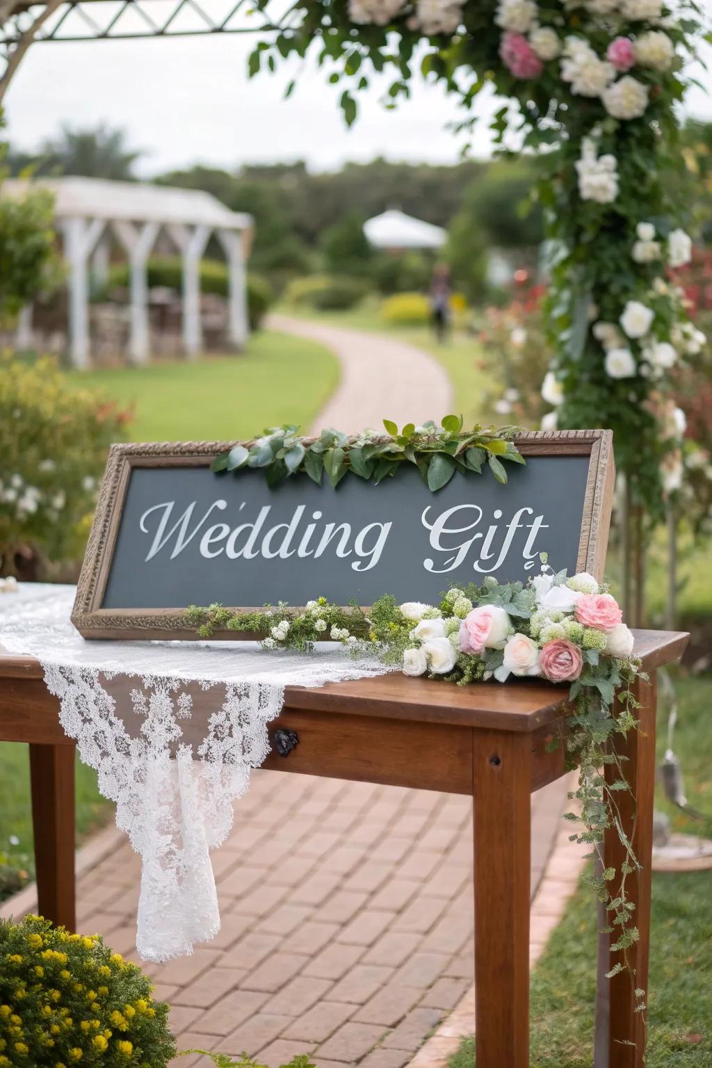 A floral frame sign that complements a garden setting.