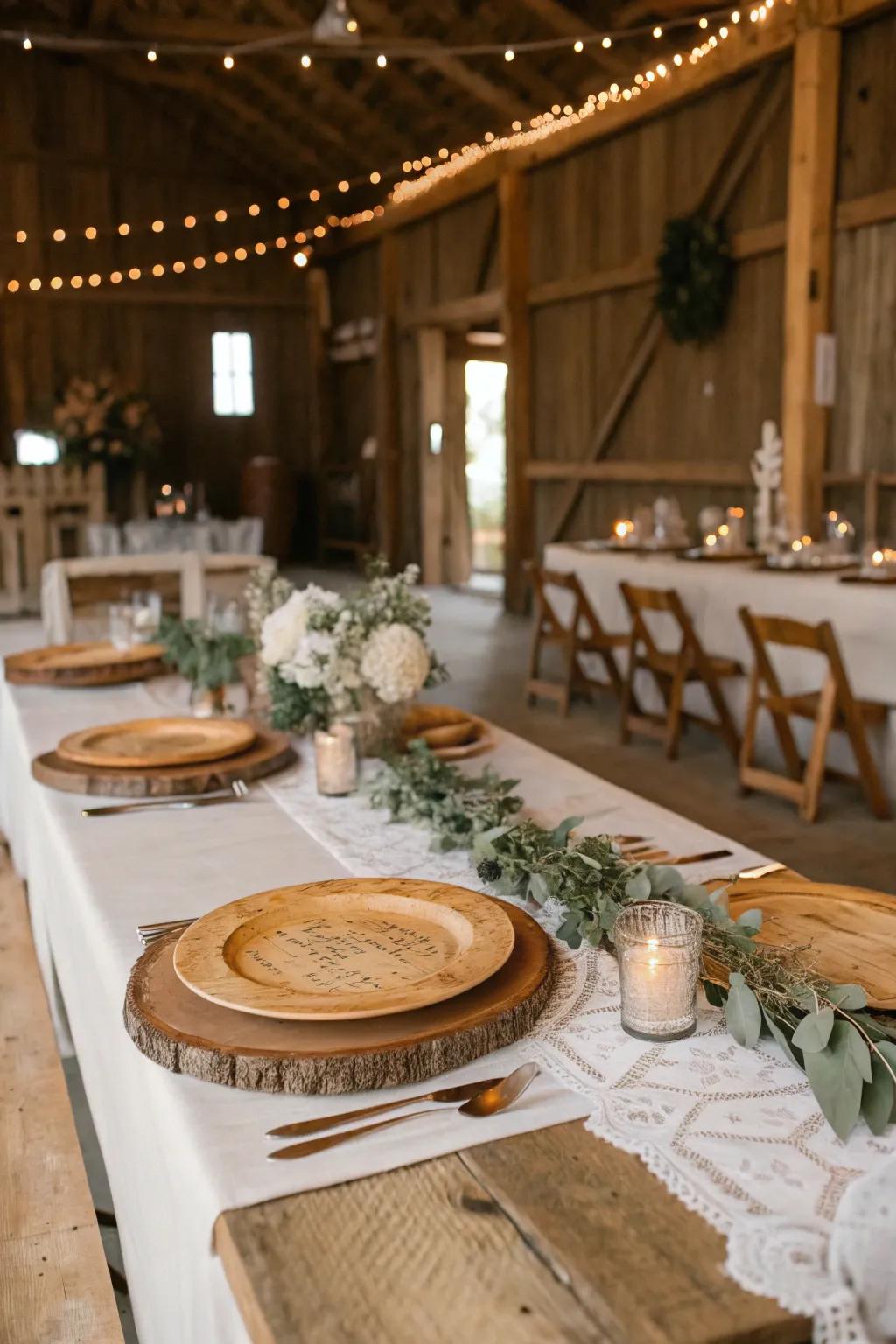 A country-themed wedding head table enhanced with wooden details.