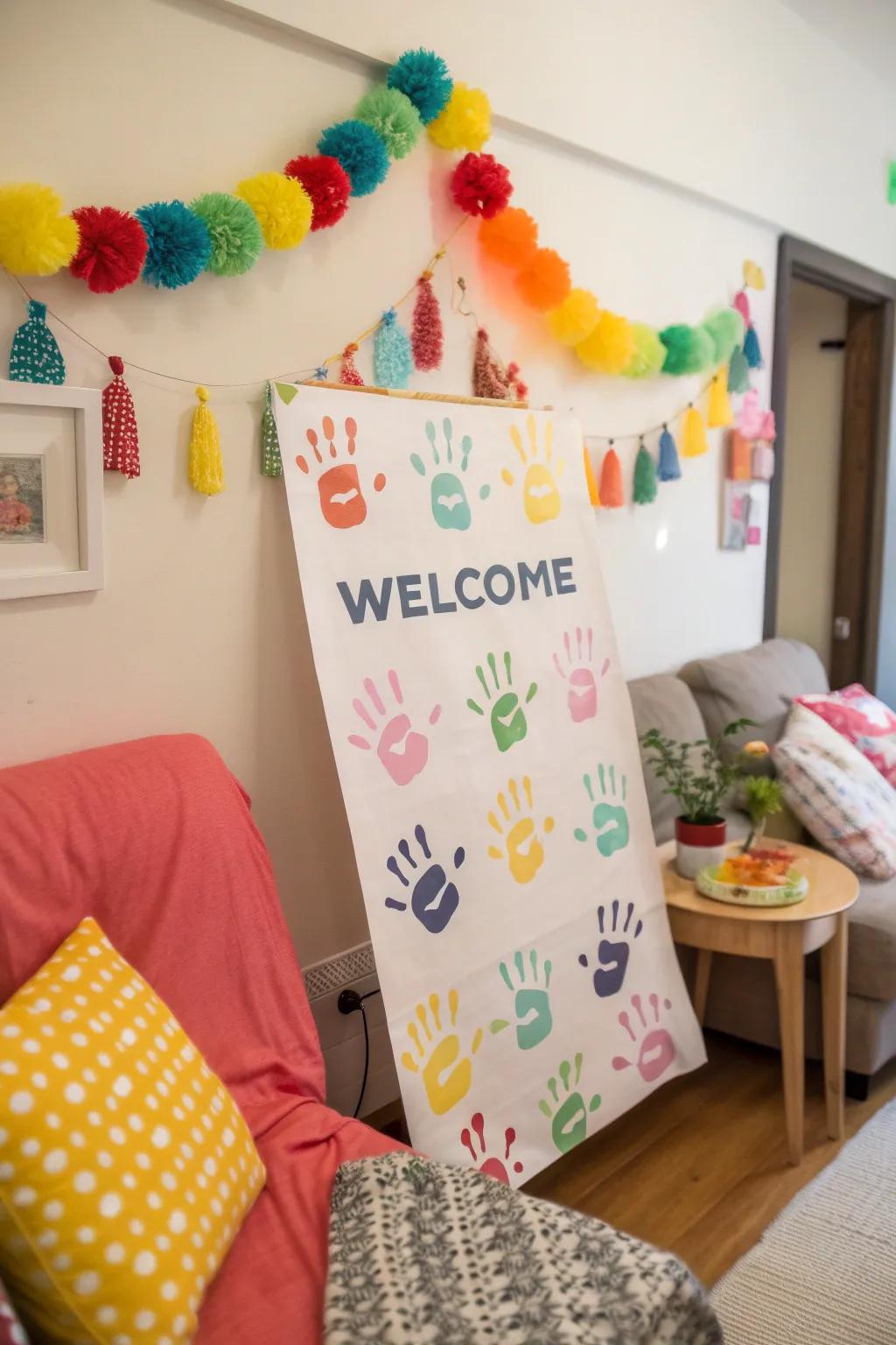 Family handprints contribute a personal element to welcome displays.