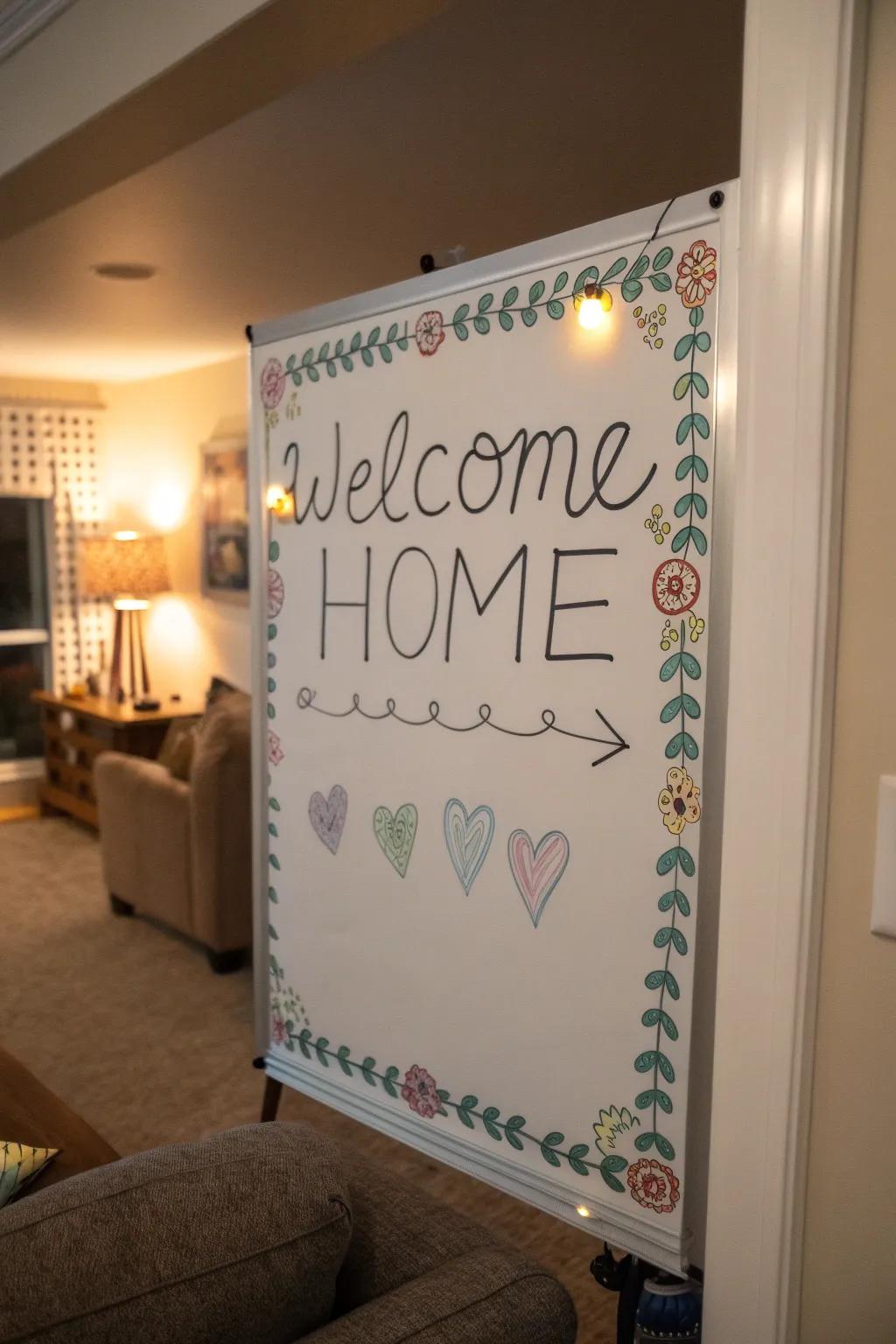 An artistic edge outlining a welcome communication on a magnetic writing surface.