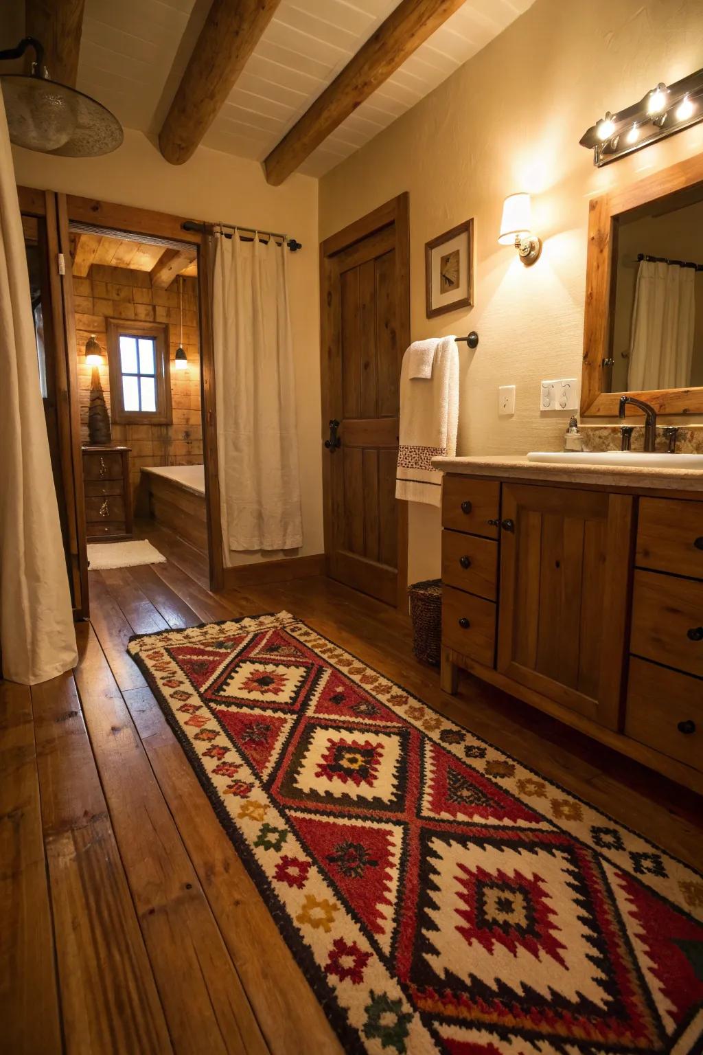 A Southwestern-inspired rug enriches this bathroom with cultural elegance.