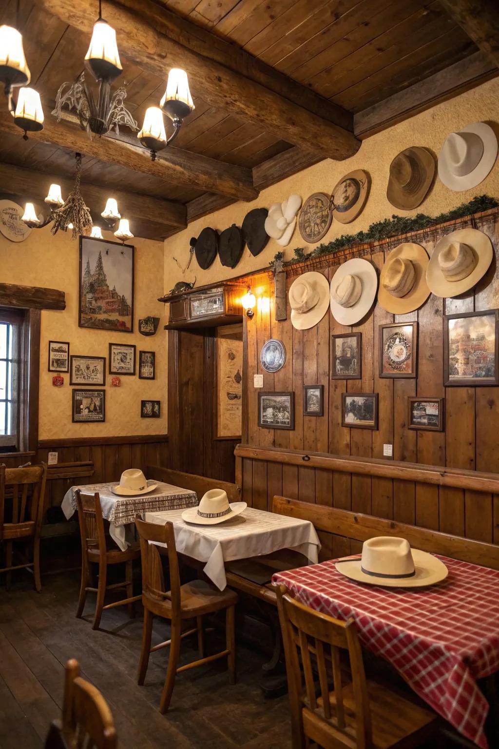 Country hats inject a playful western element into the decor.