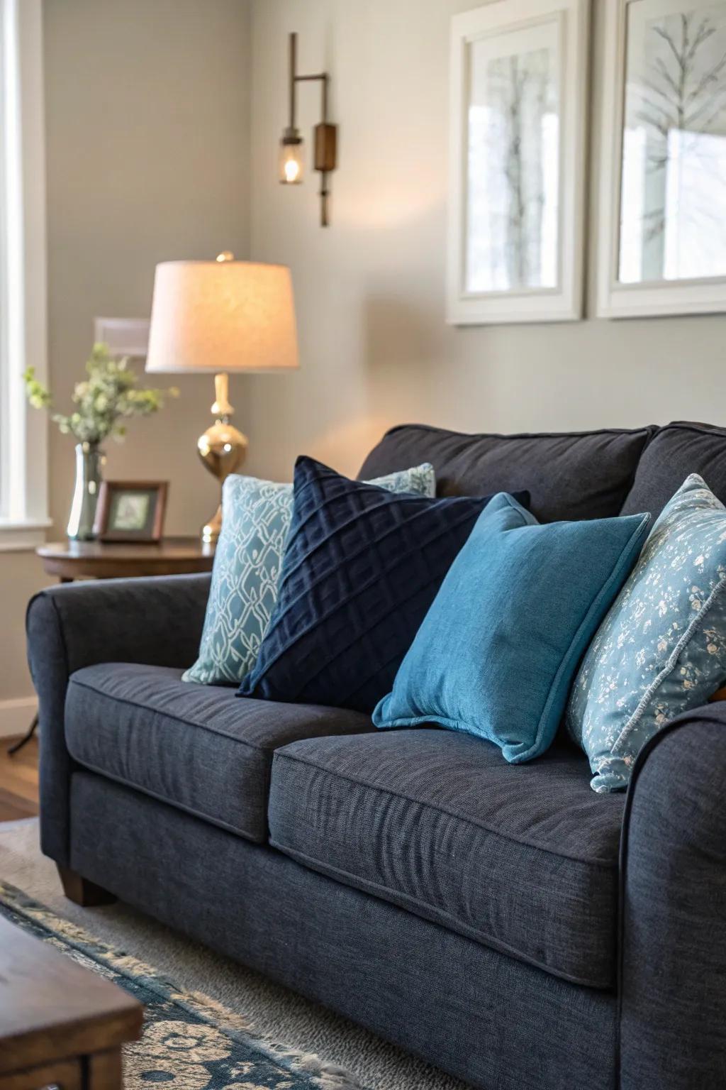 Peaceful azure-toned cushions enhance the dark grey sofa.