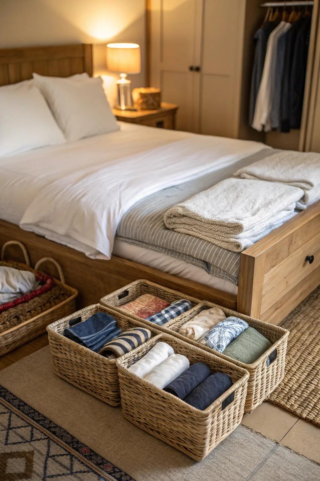 Slim baskets tucked under the bed provide discreet and structured storage.