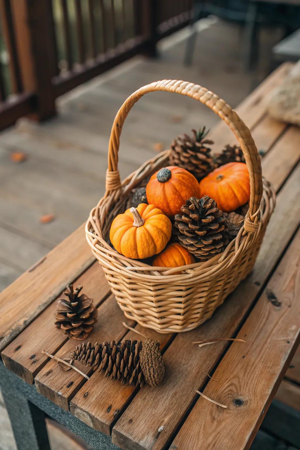 A basket featuring mini pumpkins and pine cones introduces a seasonal element to any decor.