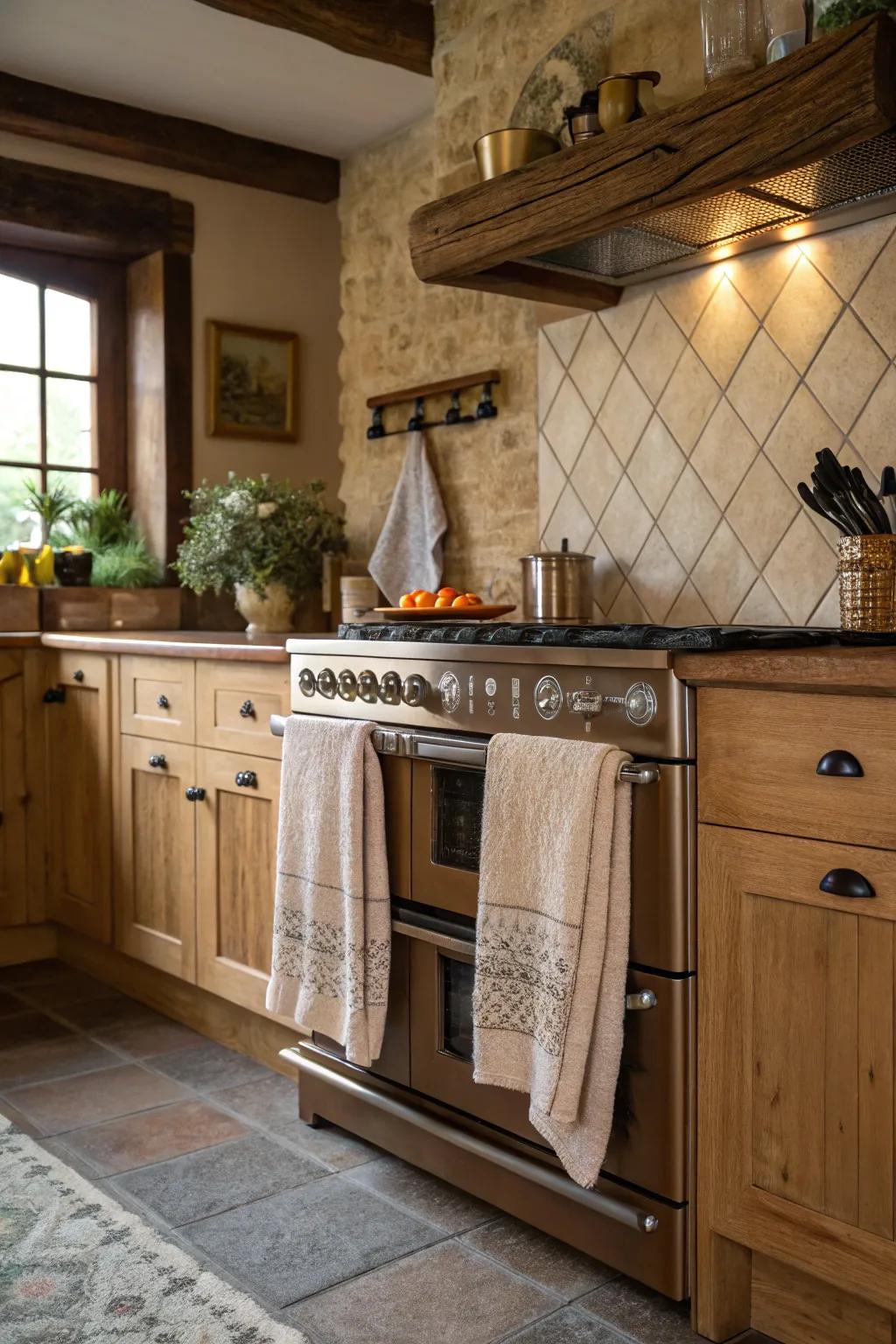 Suspend linens over range handles for effortless reach and timeless elegance.