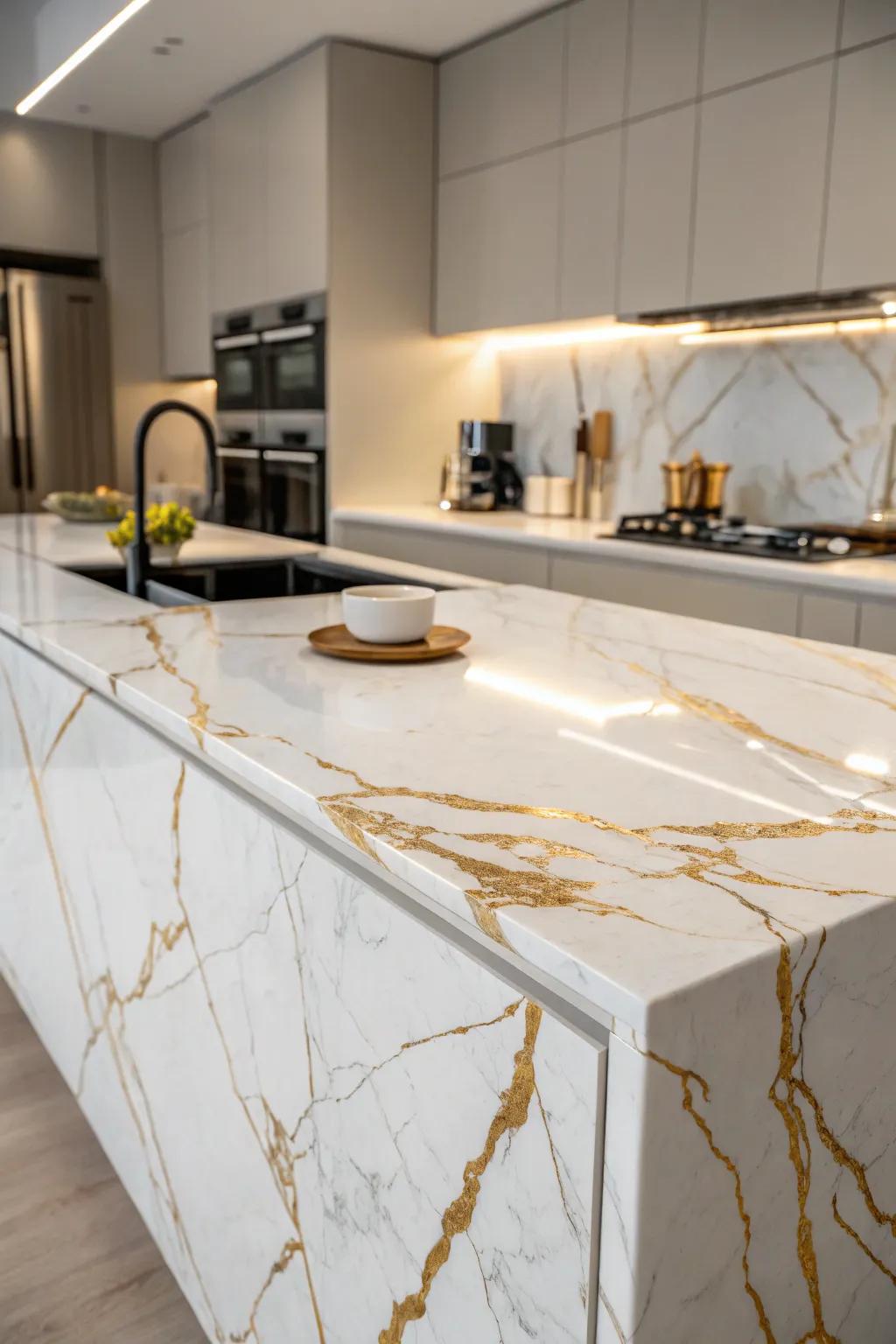 Stone with gilded streaks enriches your kitchen's elegance.