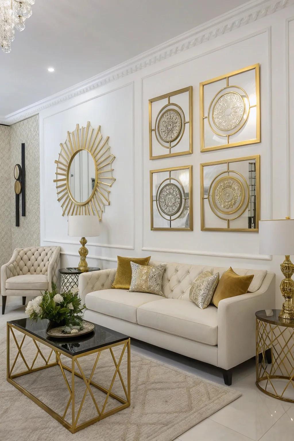 Artistic wall art featuring gold and white serves as a key visual attraction.
